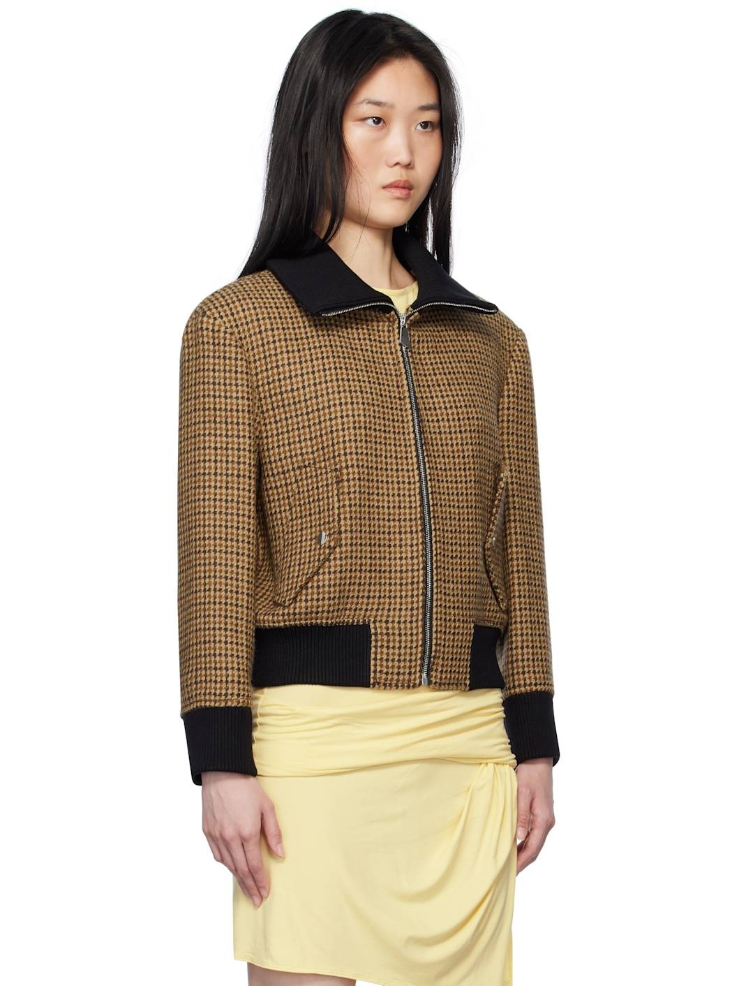 Beige & Brown Houndstooth Bomber Jacket - 2