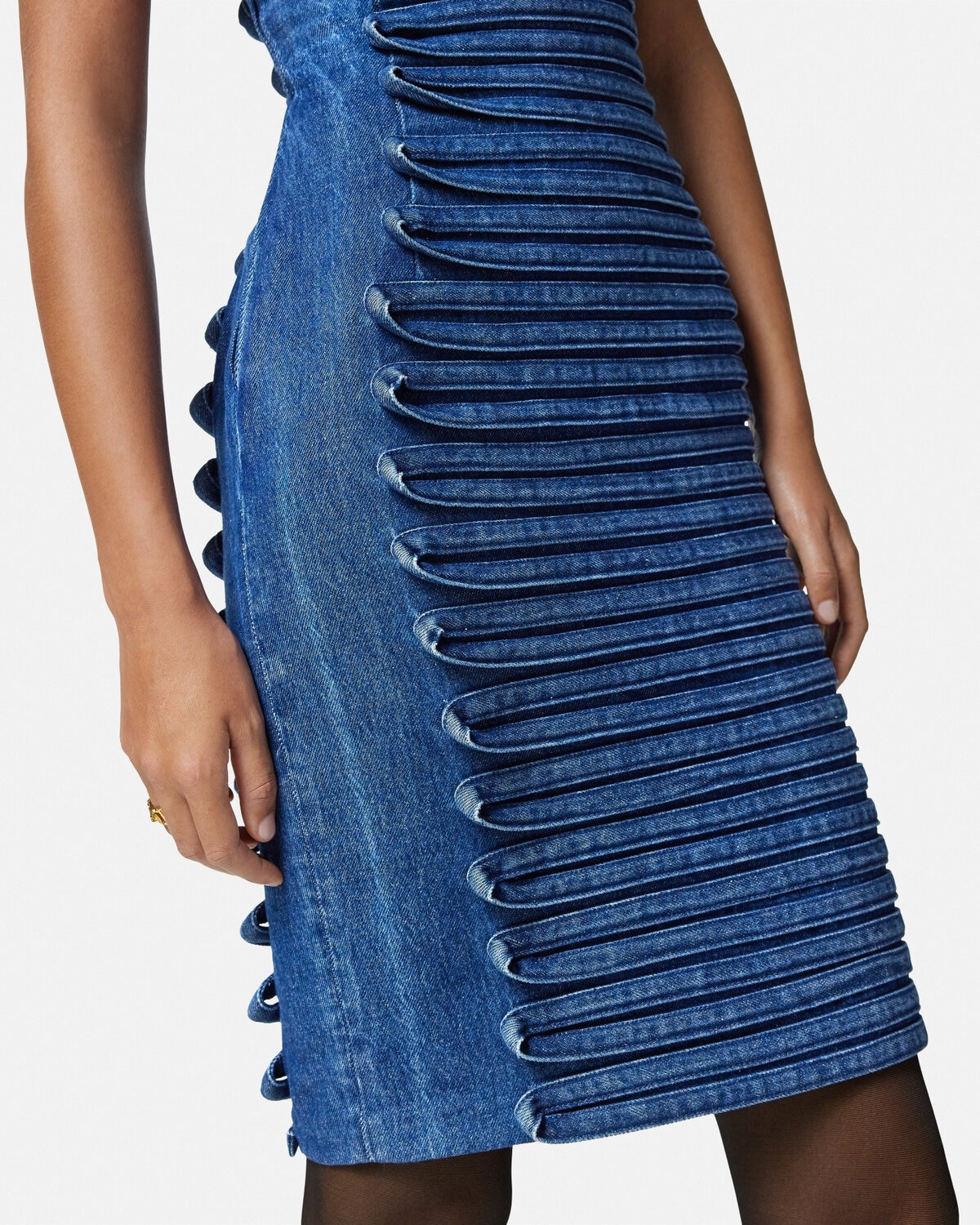 Denim Scoop-Neck Fitted Mini Dress - 3
