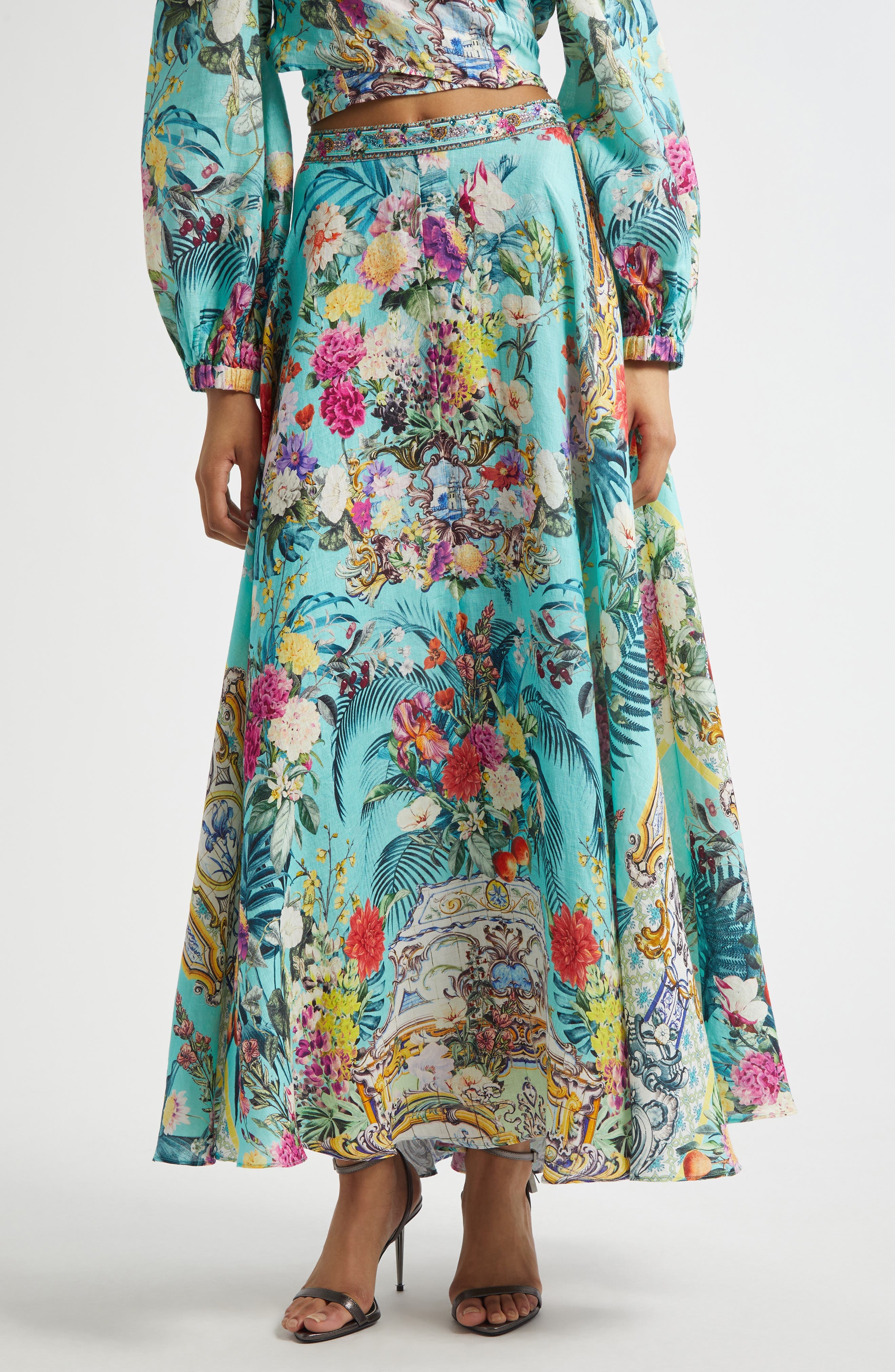 Camilla Crystal Embellished Linen Maxi Skirt in Gardens Of Queluz at Nordstrom - 1