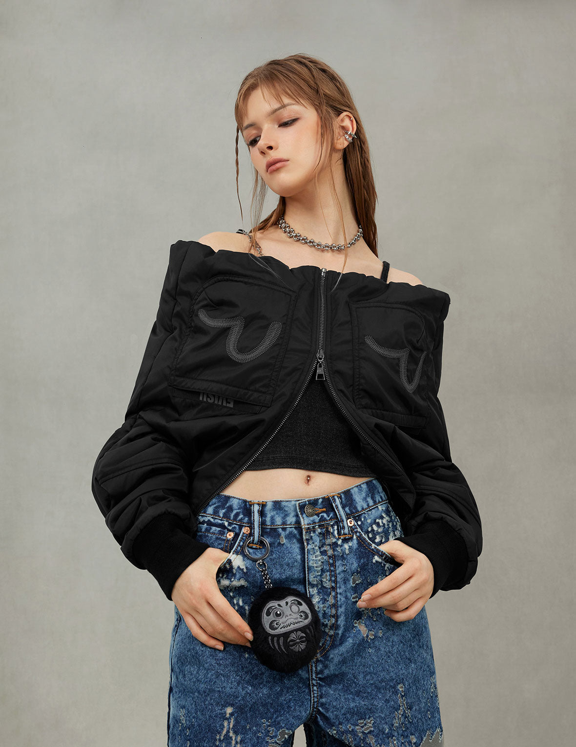 Fuzzy Cat Appliqué and Logo Embroidery Drop-Shoulder Bomber Jacket - 8