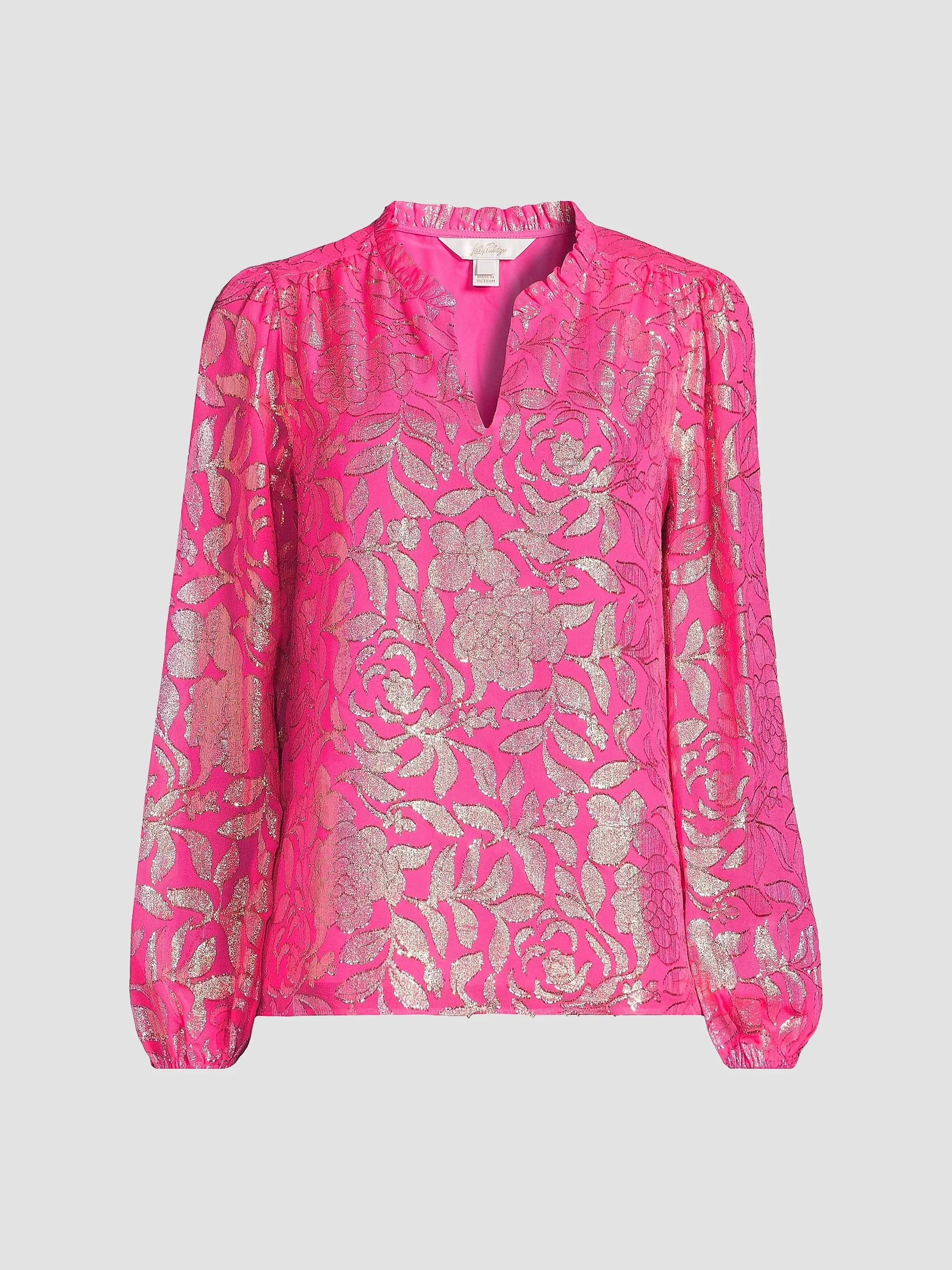 Women's Gianna Silk Long-Sleeve Blouse - Sun Shell Pink Floral Bloom - 1