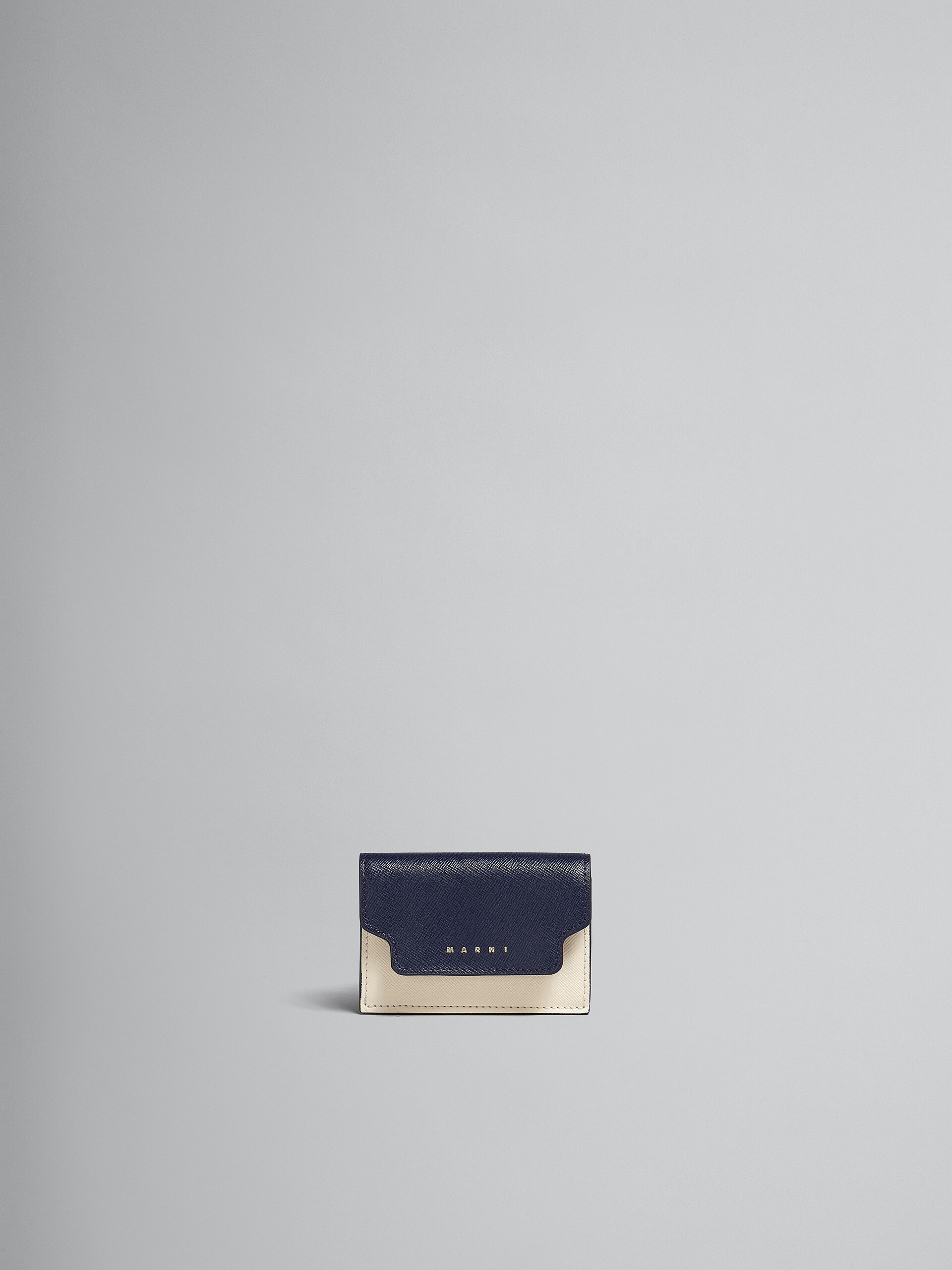 BLUE WHITE AND BROWN SAFFIANO LEATHER TRI-FOLD WALLET - 1