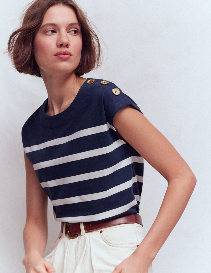 Button Detail T-Shirt-Navy and Ivory Stripe 5