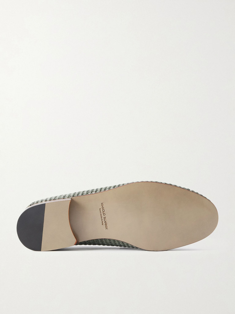 Manolo Blahnik Padstow Collapsible-Heel Leather-Trimmed Raffia Loafers Green outlook