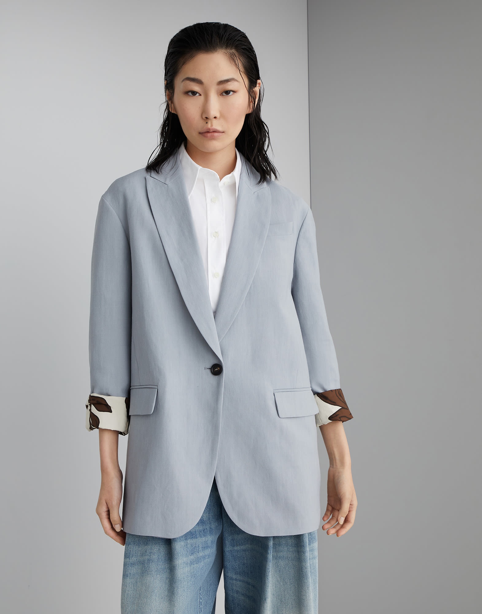 Viscose and linen fluid twill blazer with monili - 1