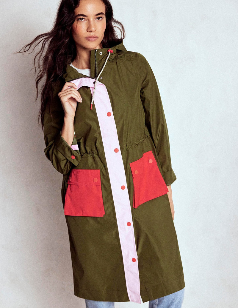Longline Rain Mac-Khaki Colourblock 3