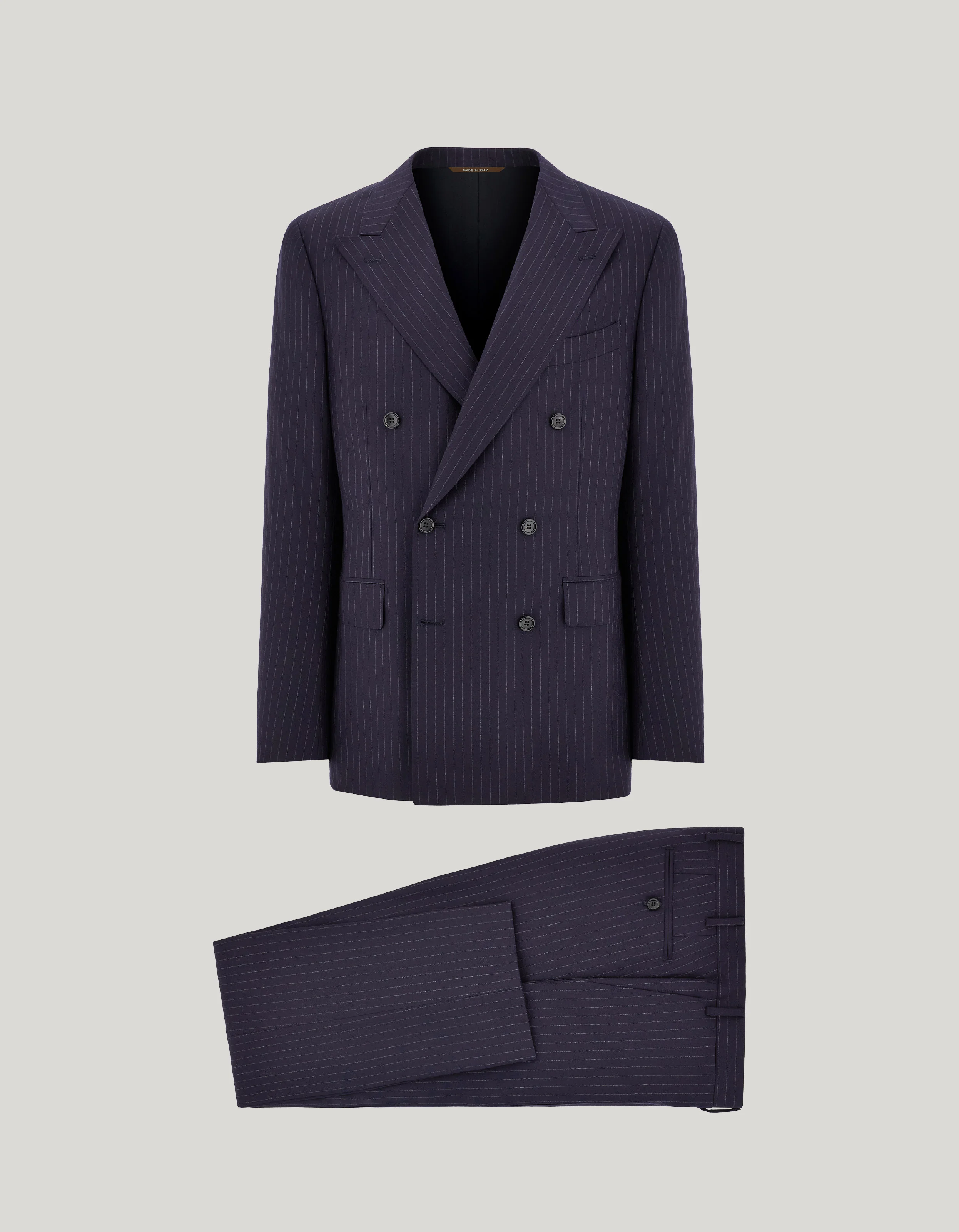 NAVY BLUE PINSTRIPED WOOL FLANNEL MODERN-FIT SUIT - 1