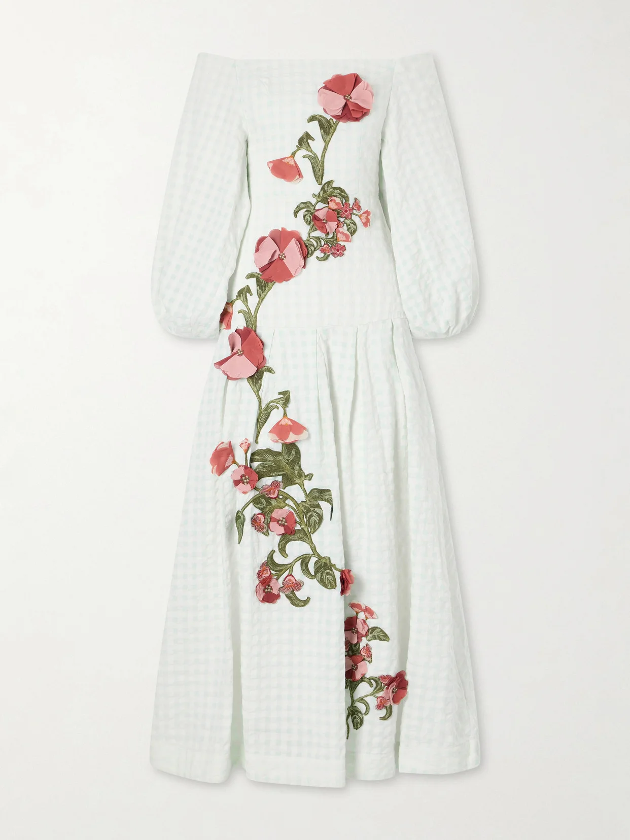 Senlis Off-the-shoulder Floral-appliqué Checked Linen Maxi Dress - 1