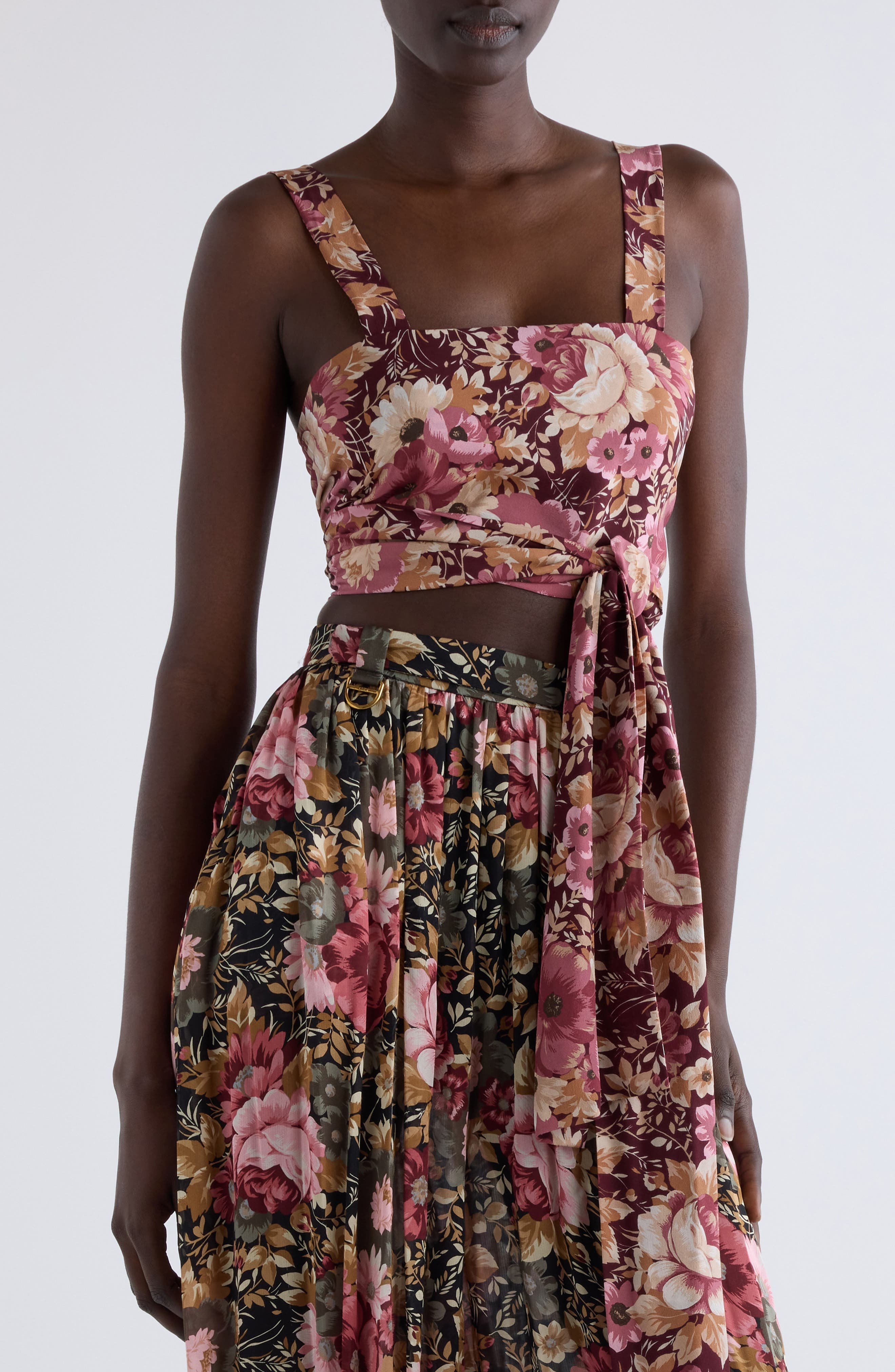 Chloé Floral Print Tie Front Silk Twill Crop Top in Maroon Pink at Nordstrom - 1