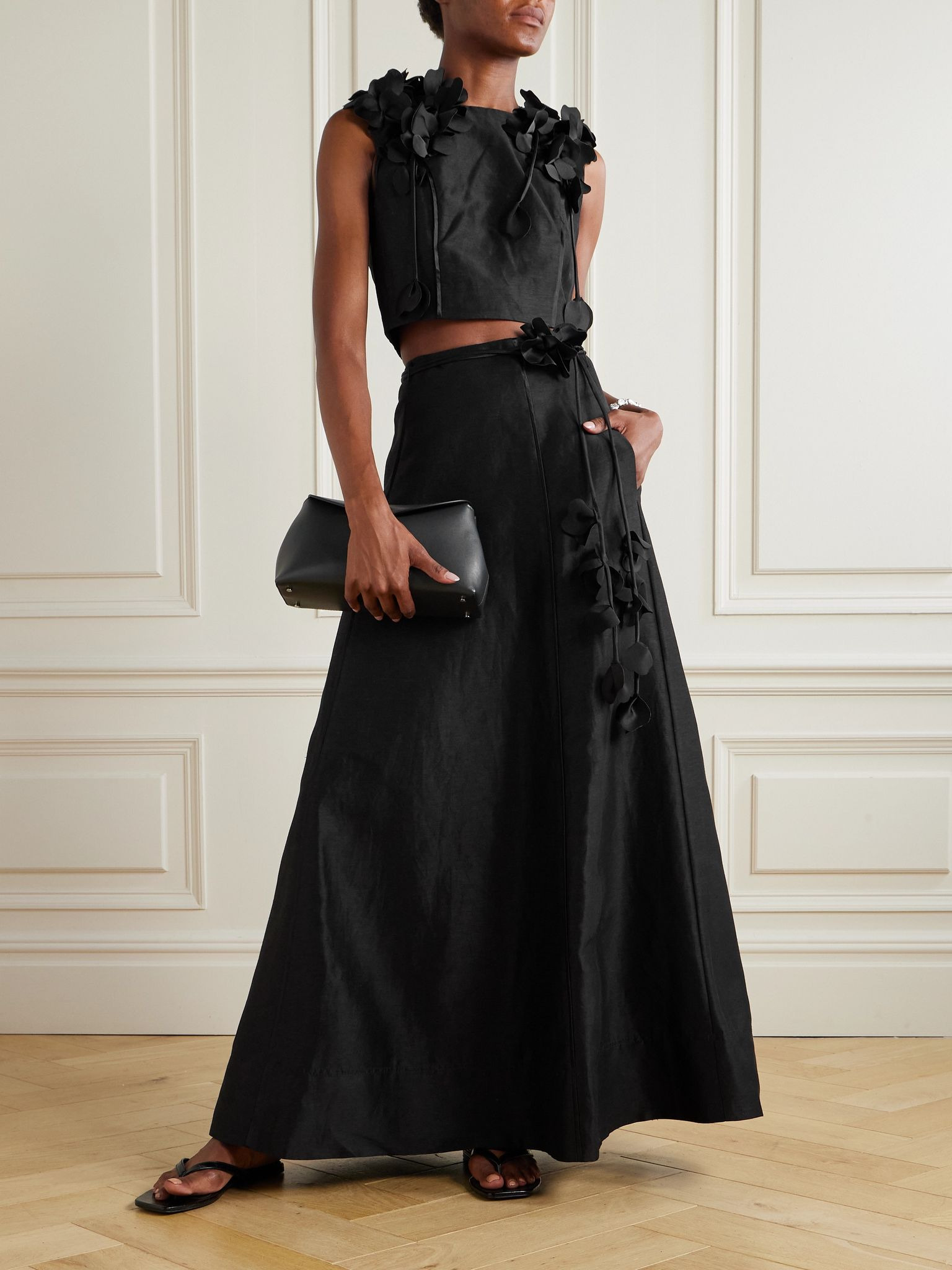 Camille cropped appliquéd linen-blend tank Black - 2