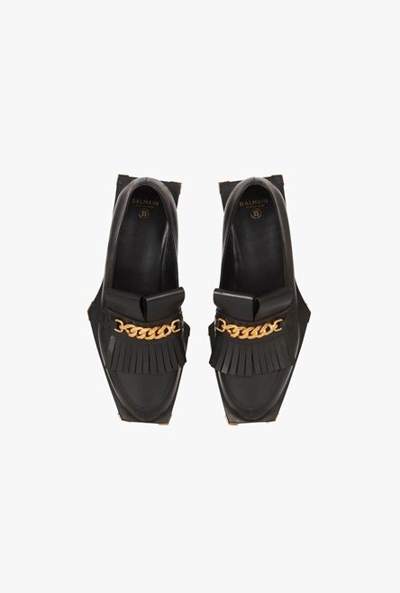 Black leather loafers with gold-tone chain - 6