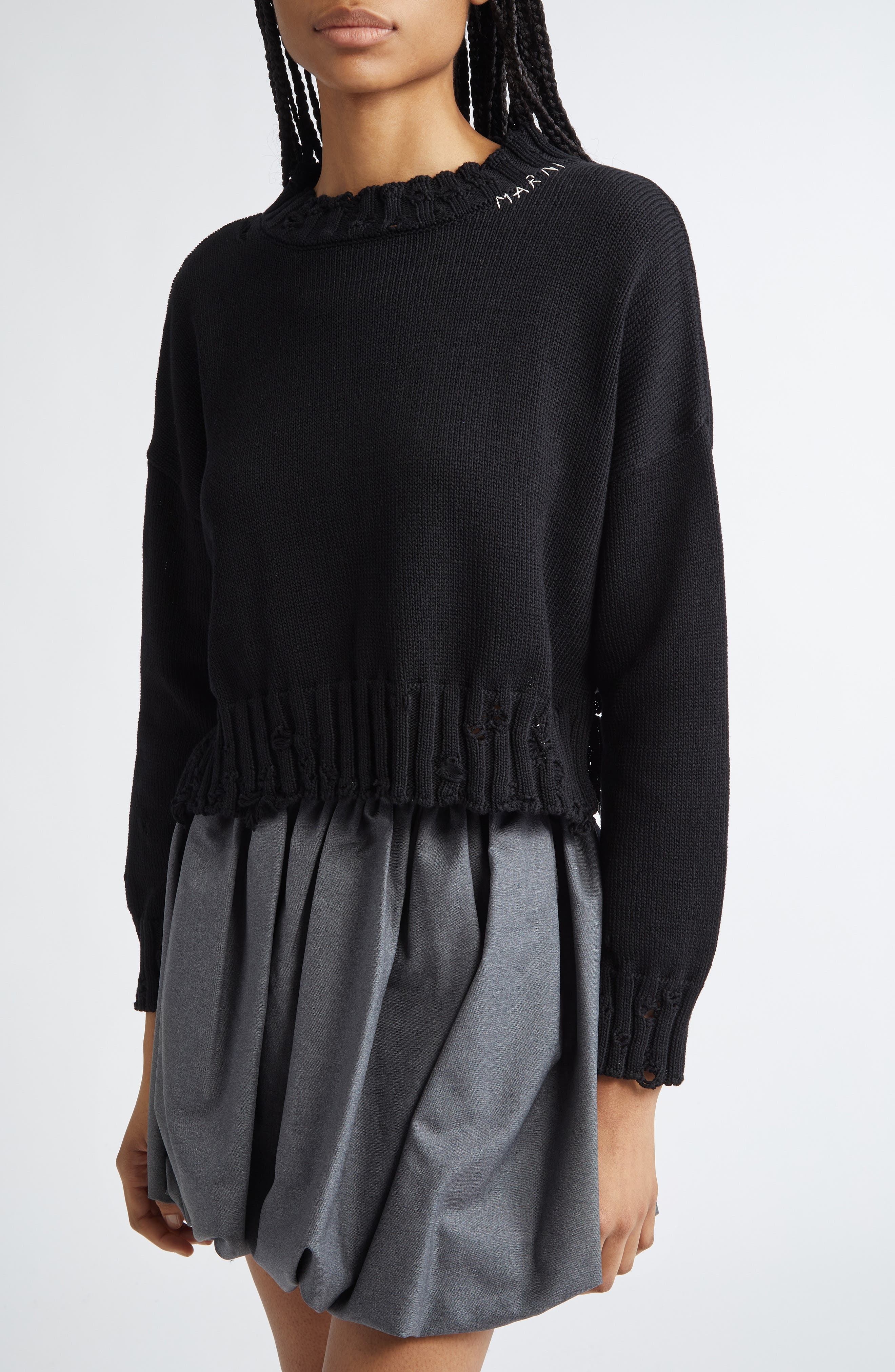 Marni Distressed Embroidered Logo Cotton Sweater in Black at Nordstrom - 5