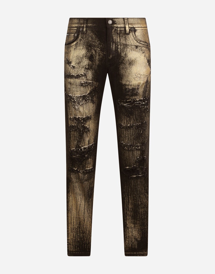 Slim-fit black stretch jeans with gold spray and rips - 3