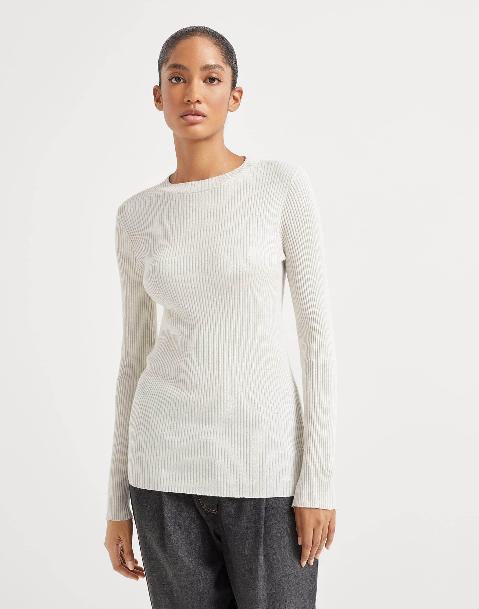 Sparkling cashmere and silk rib knit lightweight sweater - 1