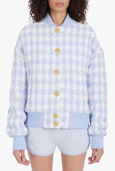 White and pale blue houndstooth-patterned tweed bomber jacket - 5
