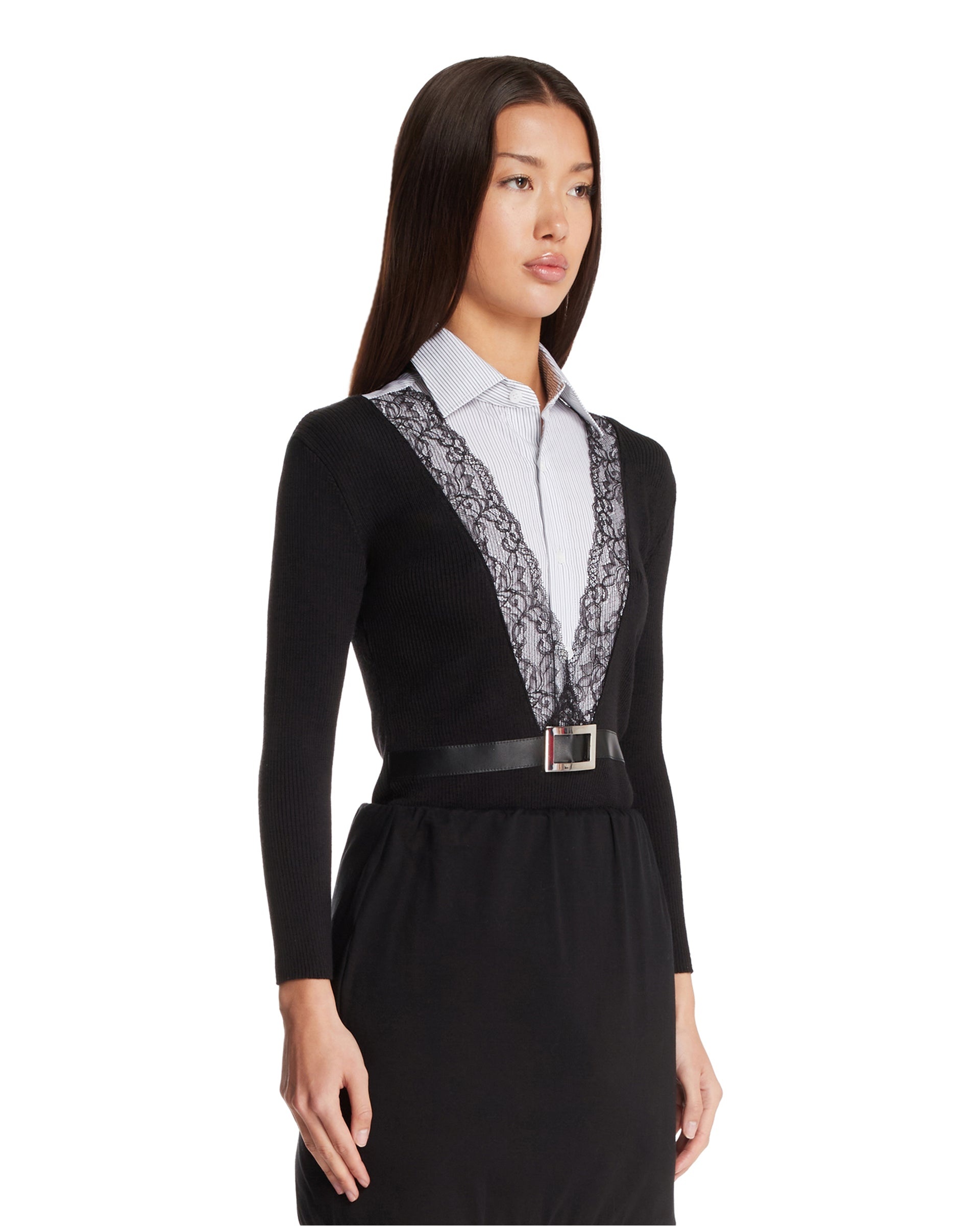 Black and Blue Striped Shirt-Cardigan with Belt - 4