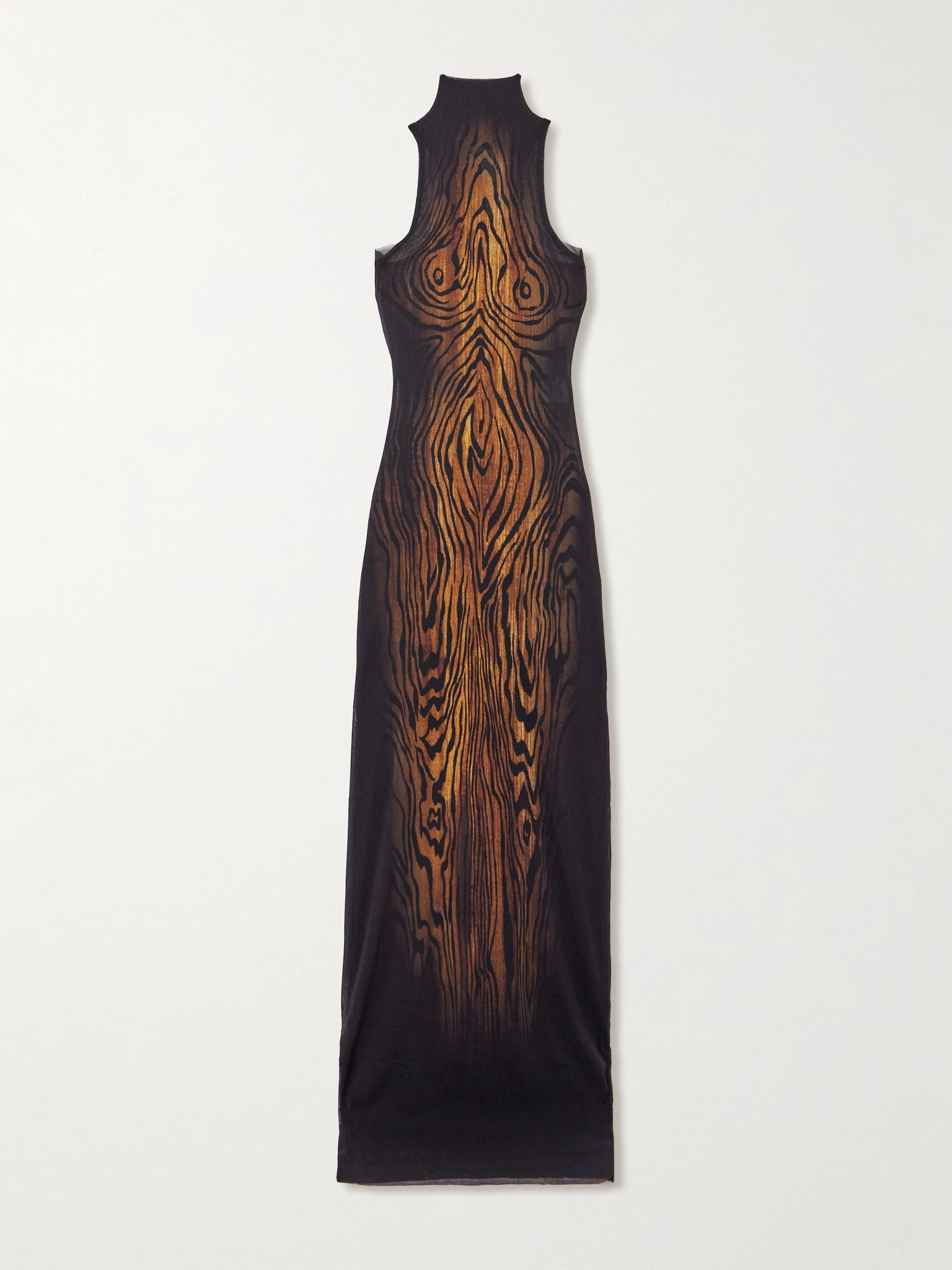 Layered draped printed stretch-tulle turtleneck maxi dress Brown - 1
