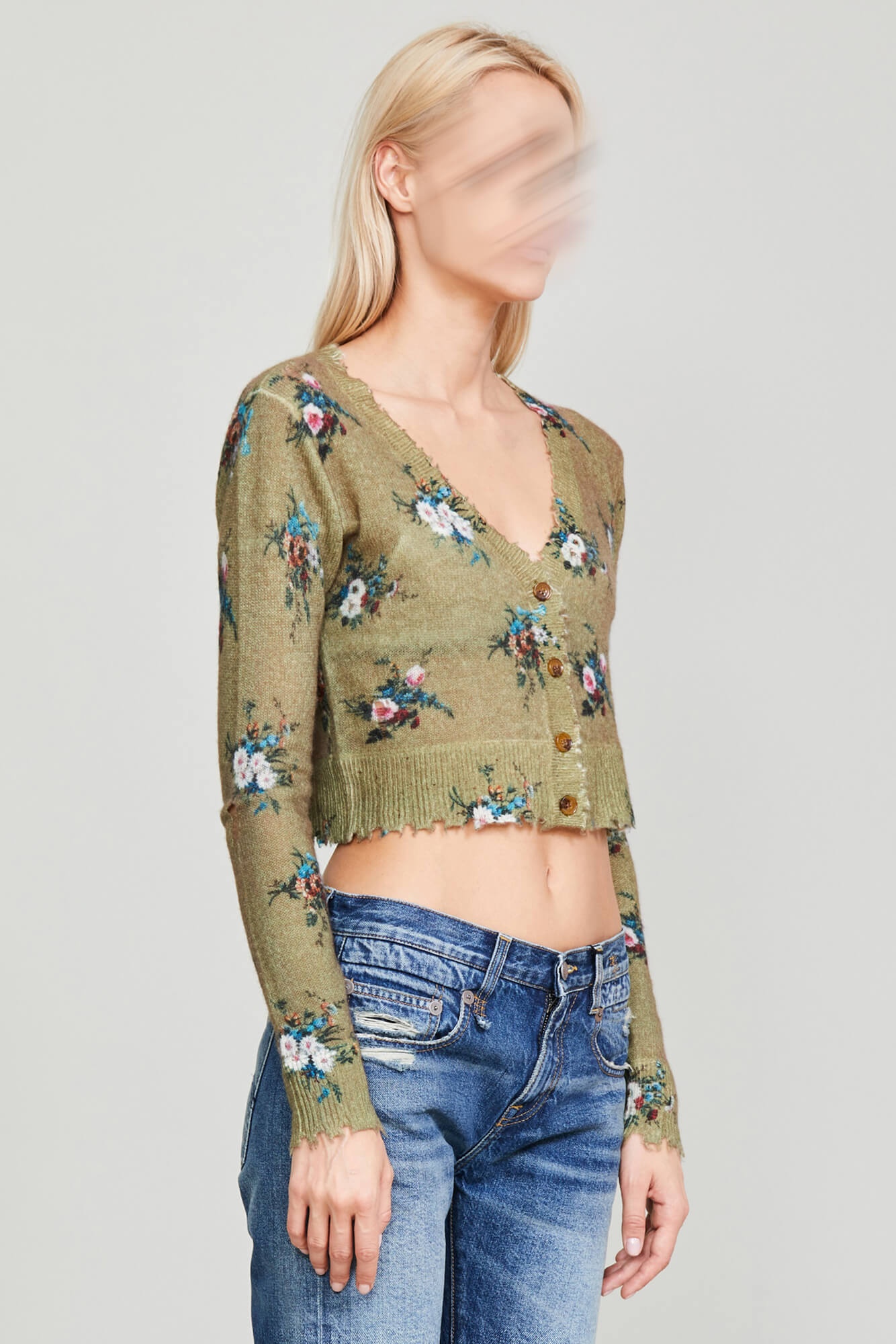 DISTRESSED CASHMERE BABY CARDIGAN - FLORAL ON OLIVE - 2