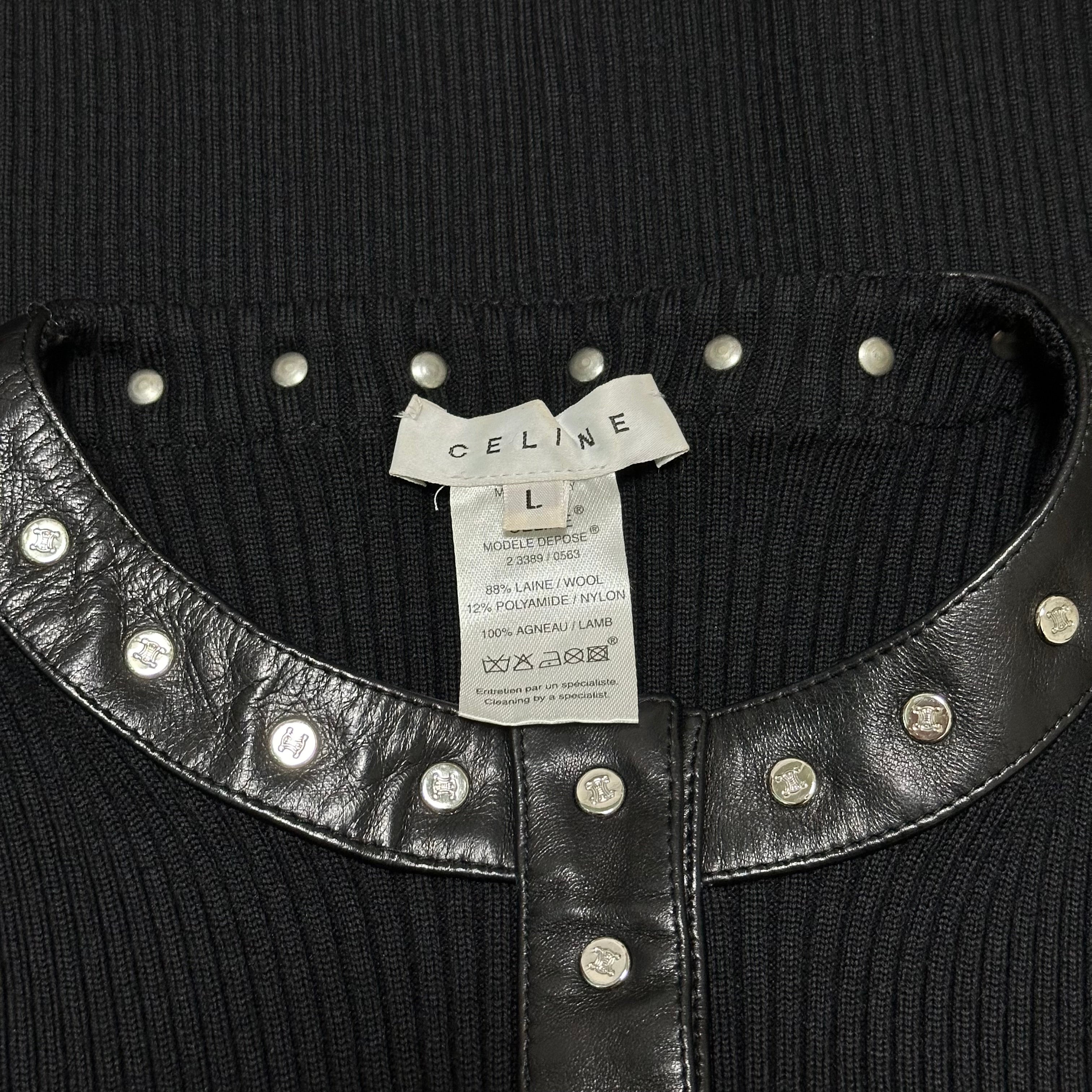 CELINE Studded Leather Trim Ribbed Knit Cardigan - 6