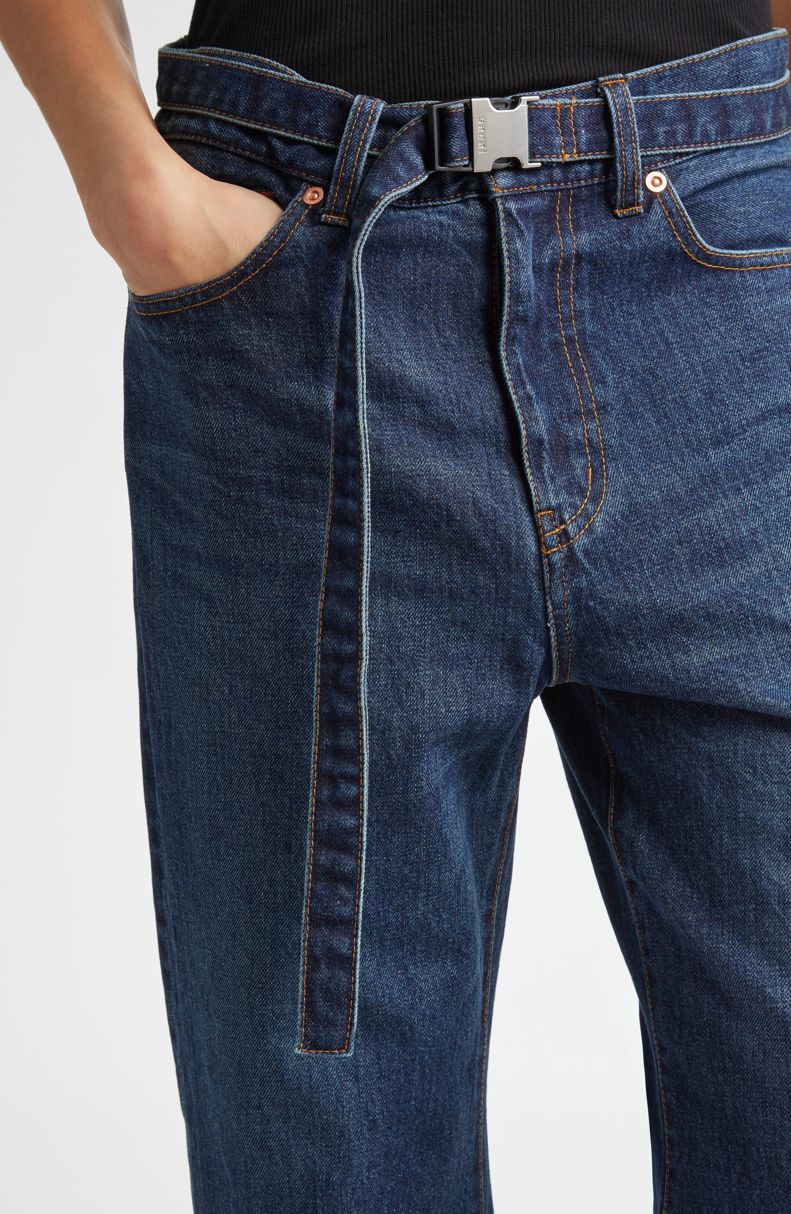 Sacai Belted Crop Bootcut Jeans in Blue at Nordstrom - 4
