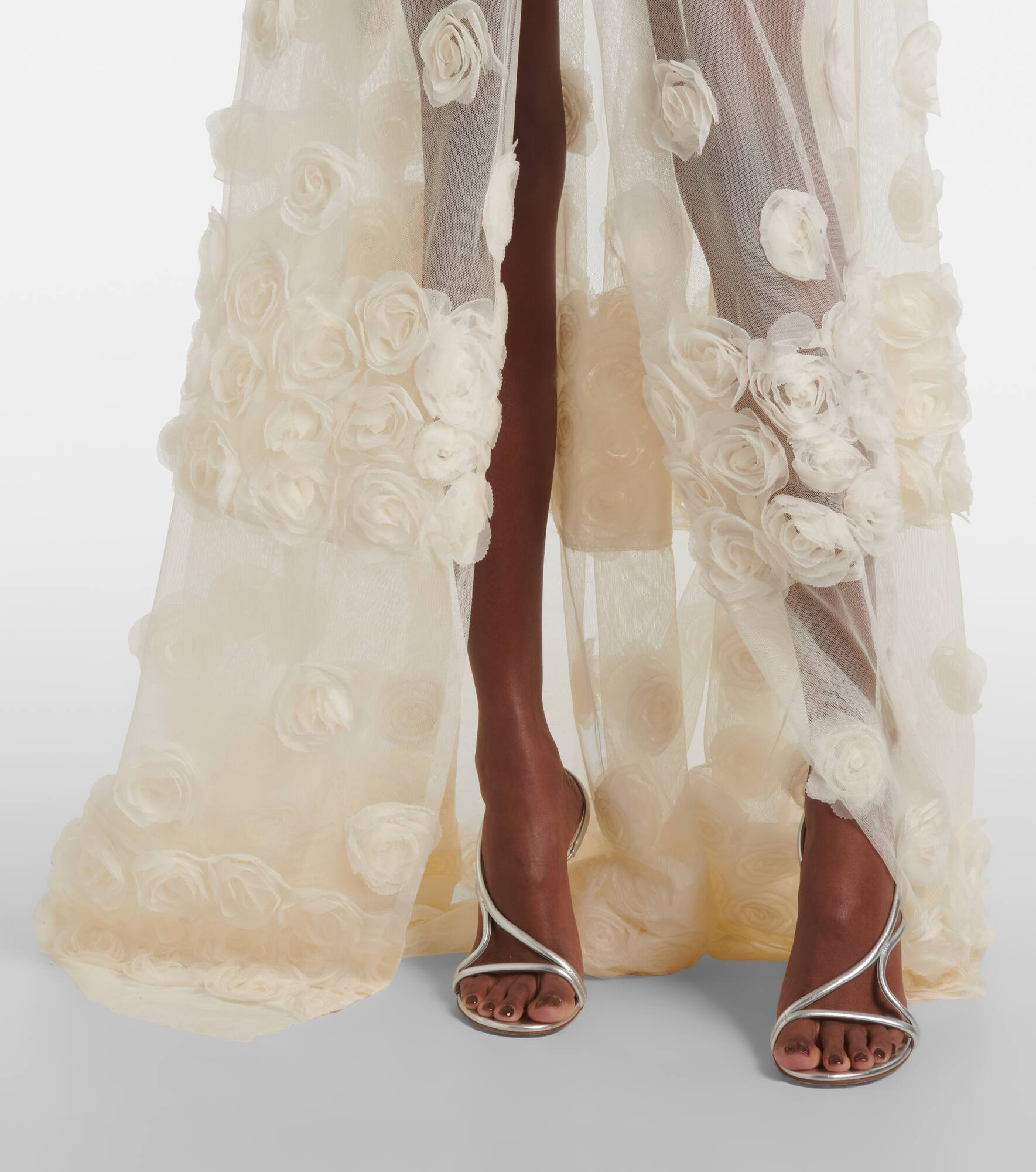 Floral-appliqué belted sheer gown - 6