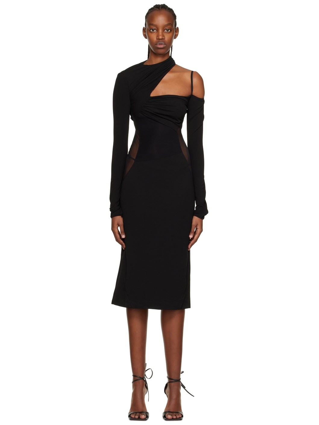 Black Gathered Midi Dress - 1
