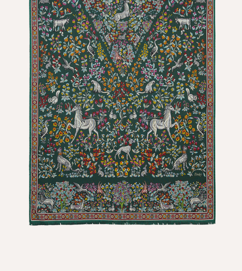 Green Forest Animals Print Wool-Silk Scarf 3