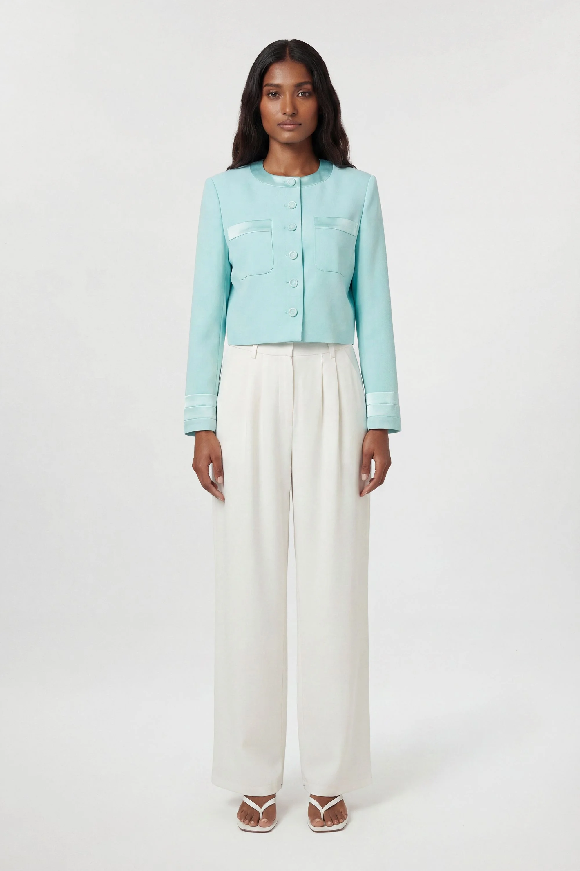 Satin Tux Tailored Collarless Cropped Blazer - 1