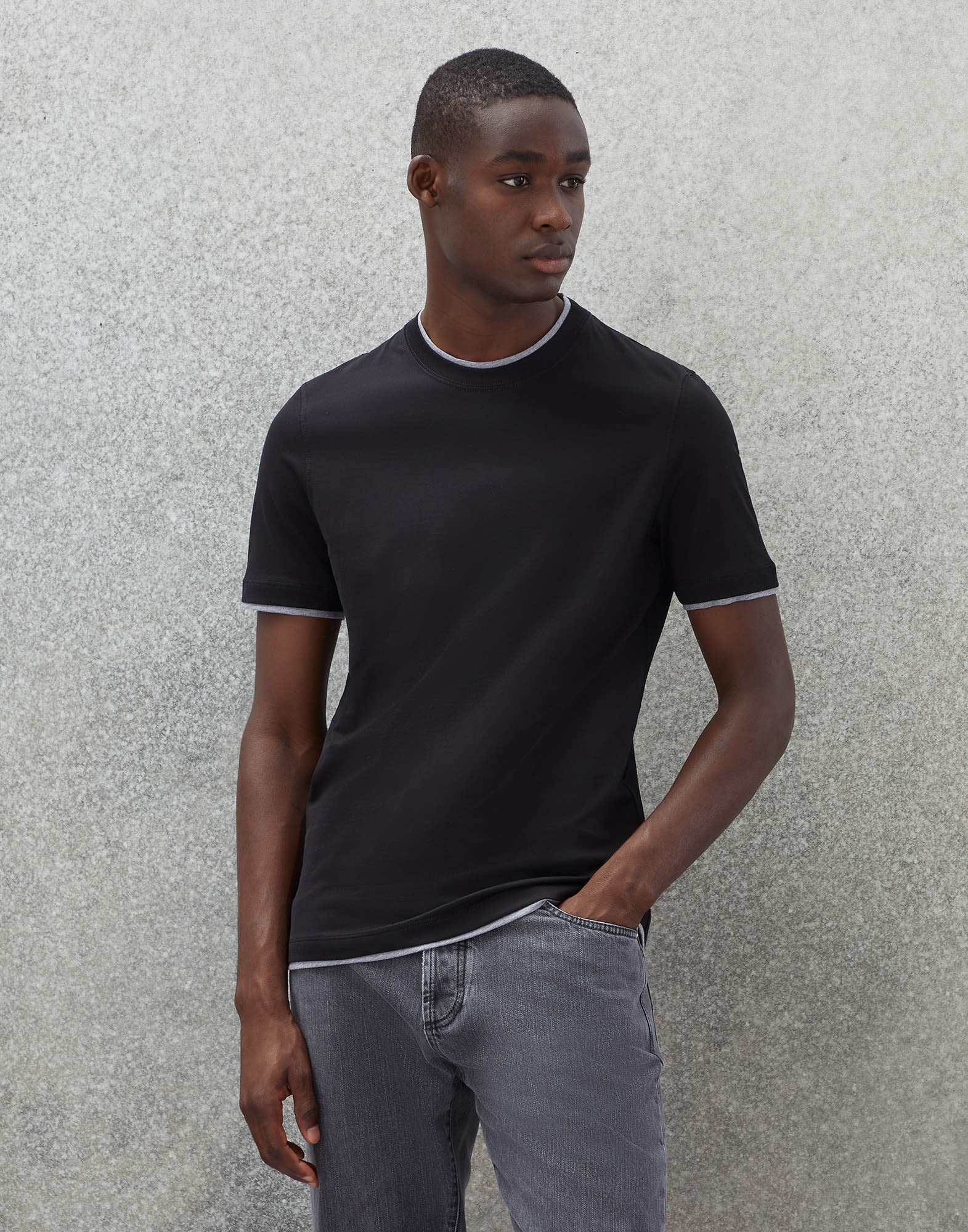Cotton jersey round neck slim fit T-shirt with faux-layering - 1