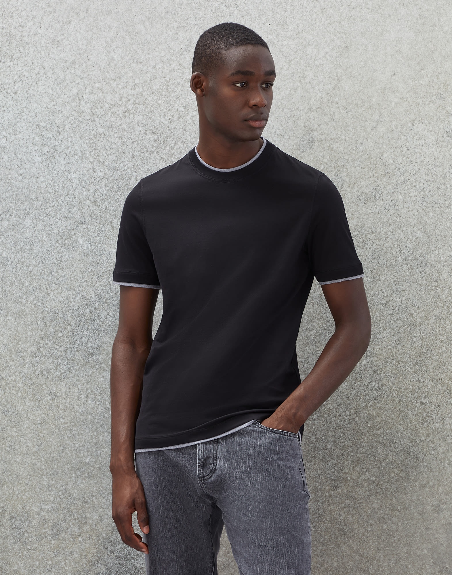 Cotton jersey round neck slim fit T-shirt with faux-layering