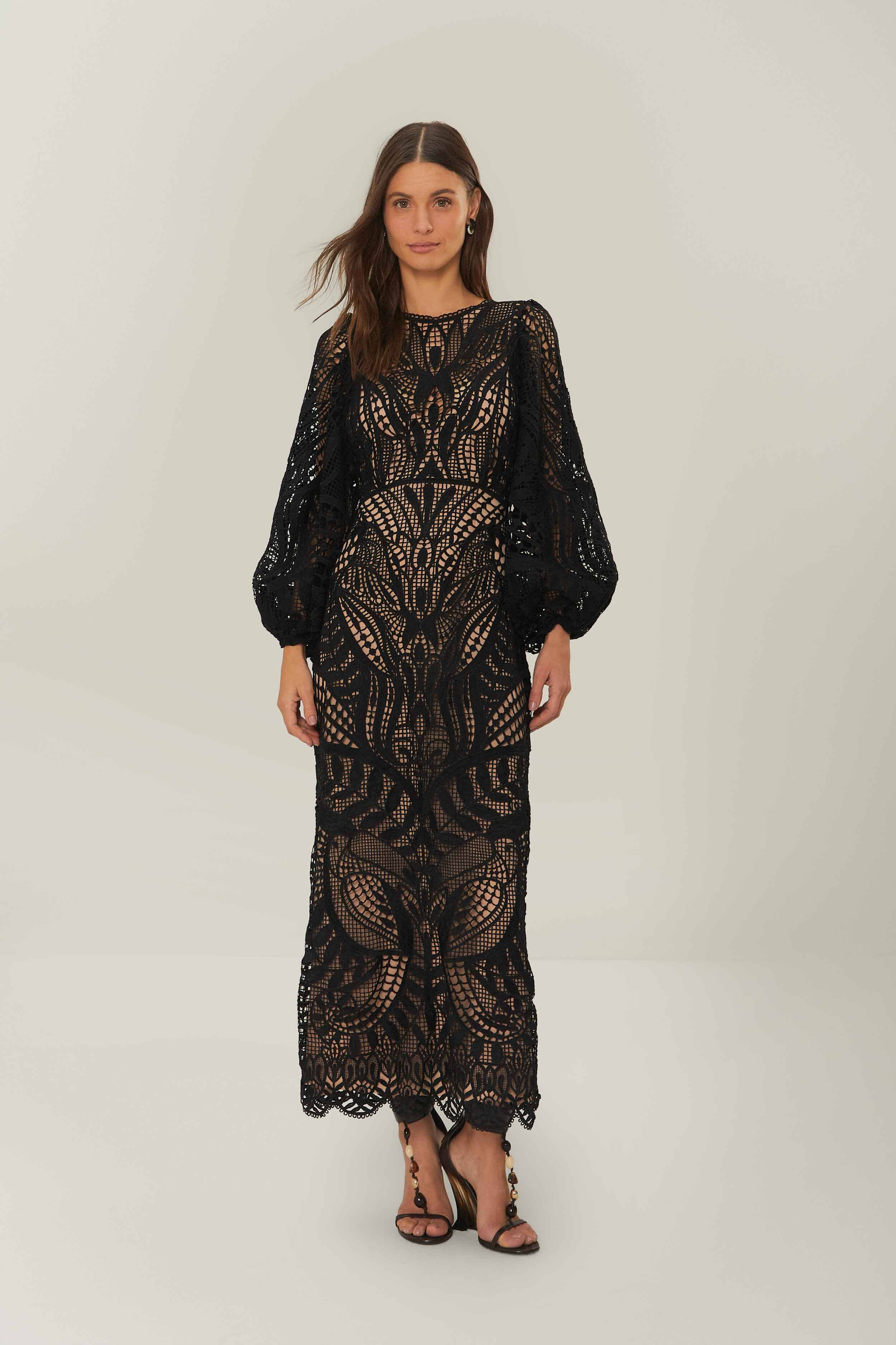 Black Nature Guipure Midi Dress - 1