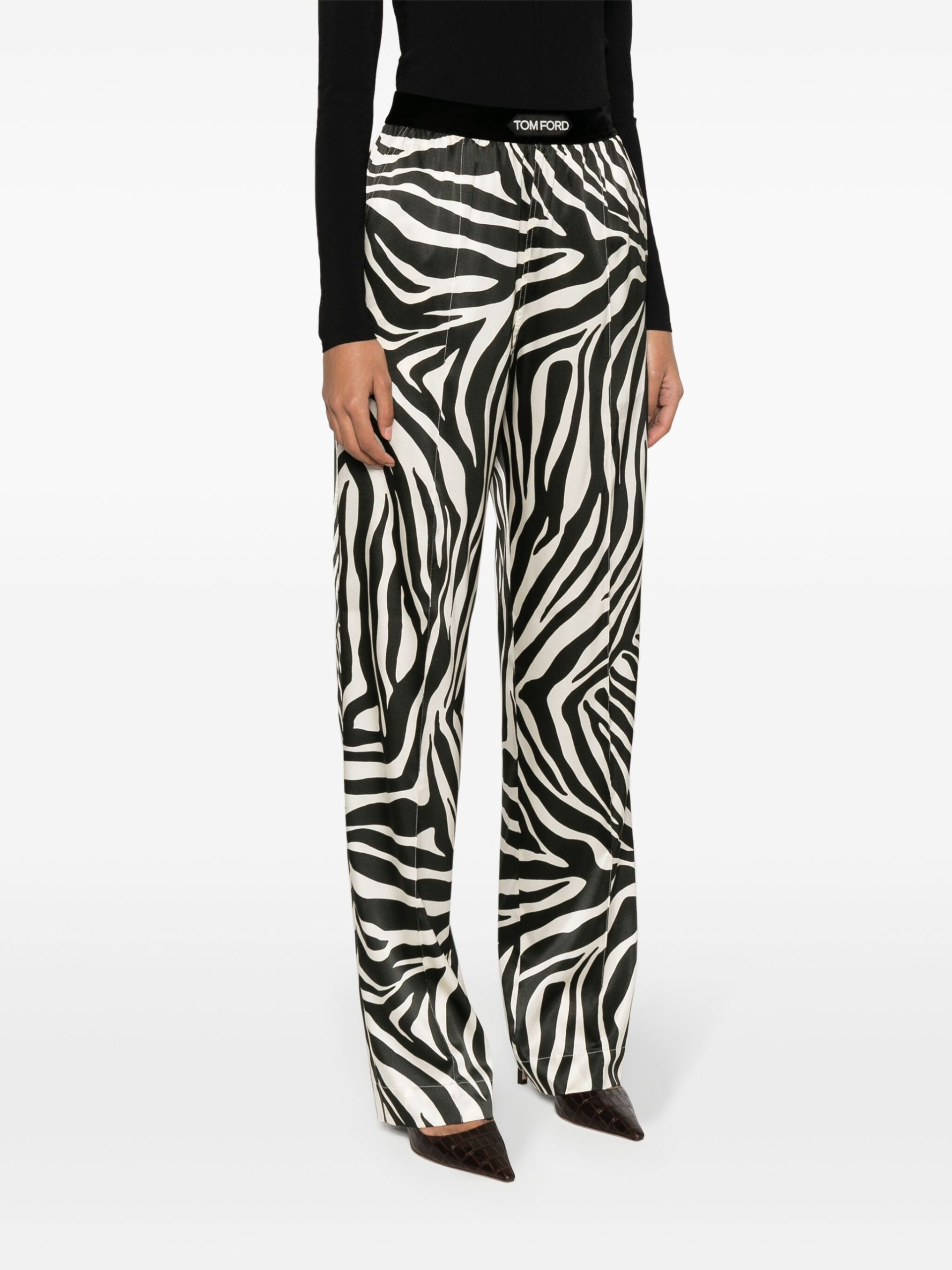 black zebra-print silk trousers - 3