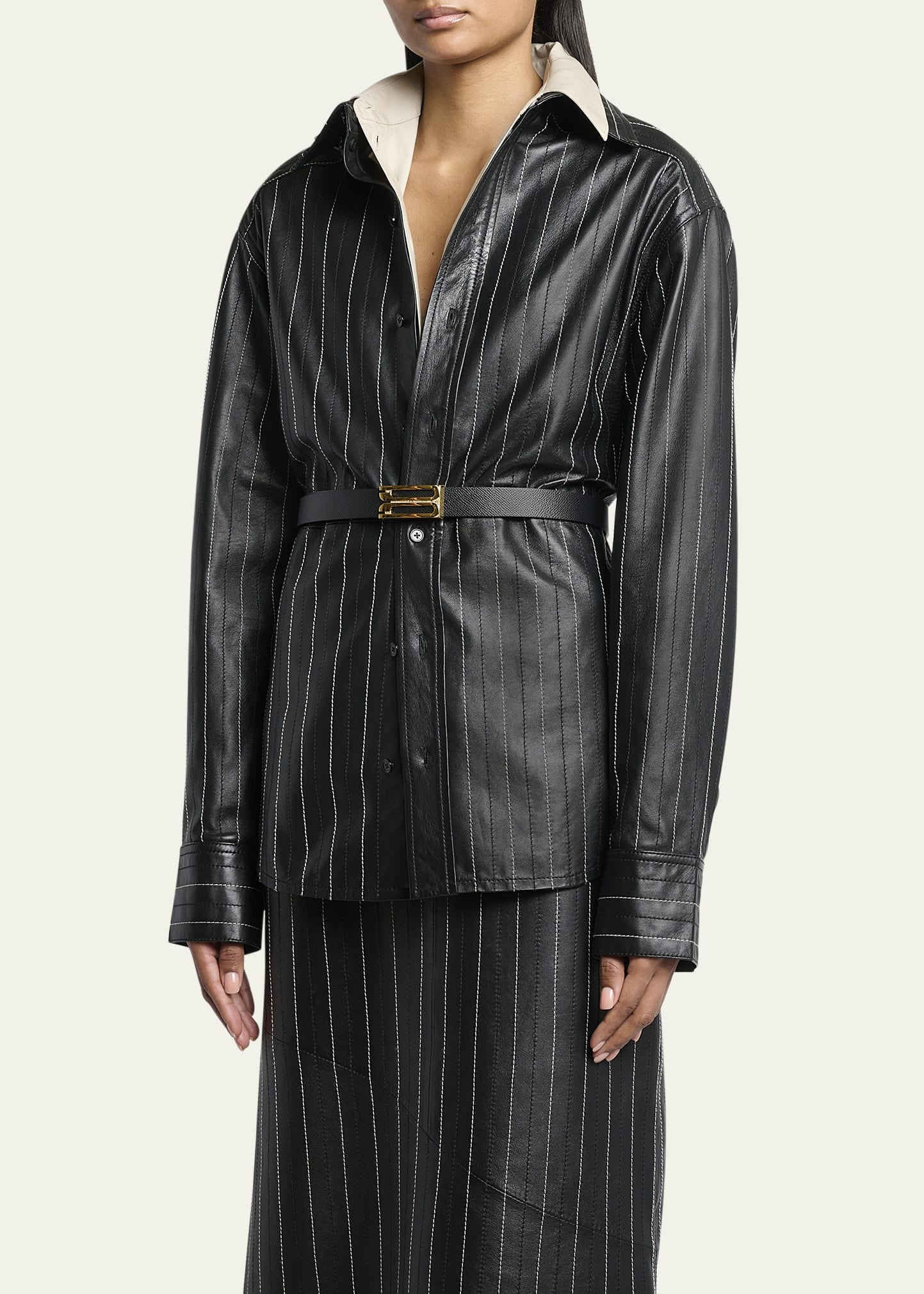 Pinstripe Leather Tab Detail Shirt - 4