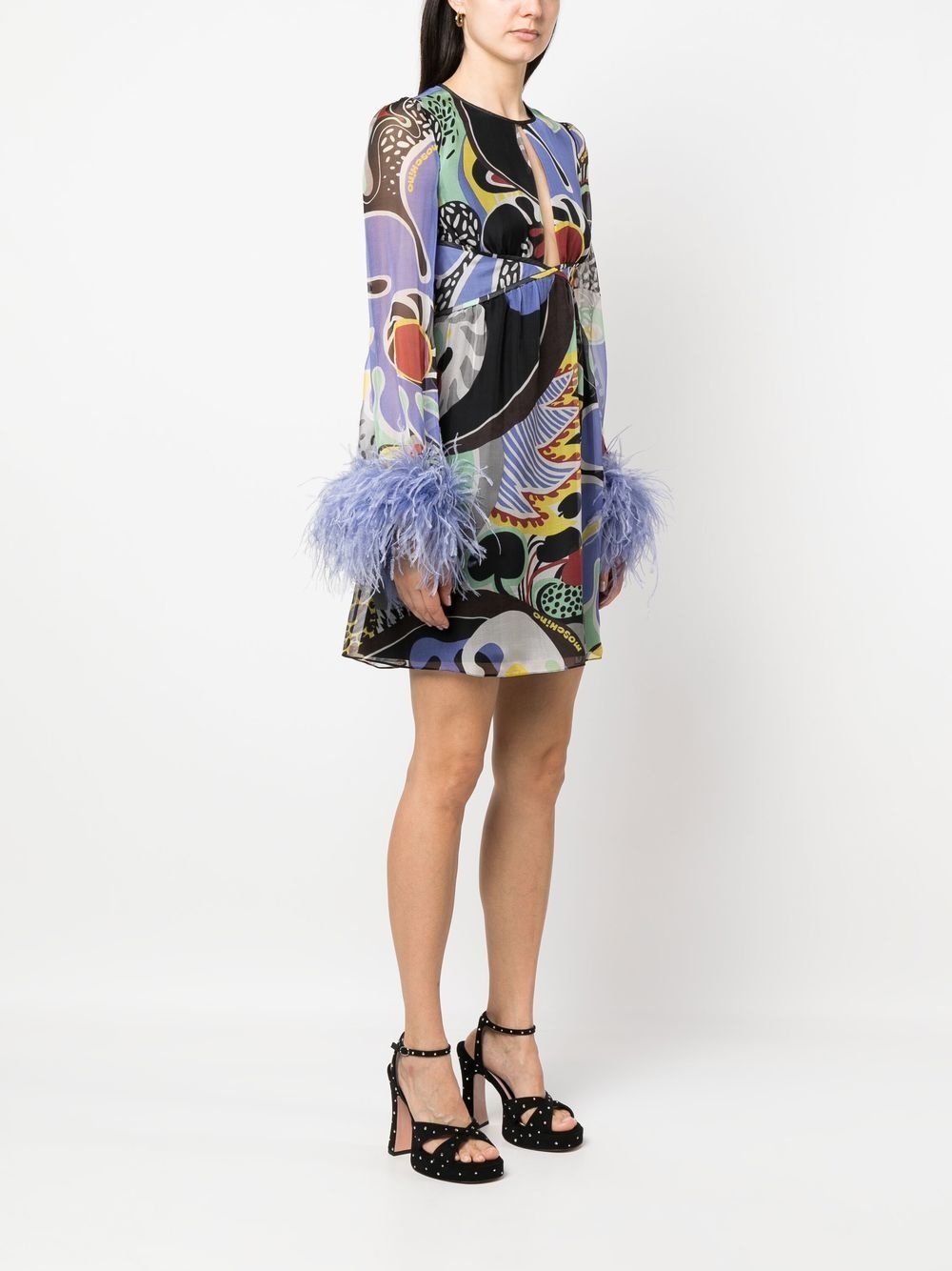 feather-trim psychedelic print dress - 3