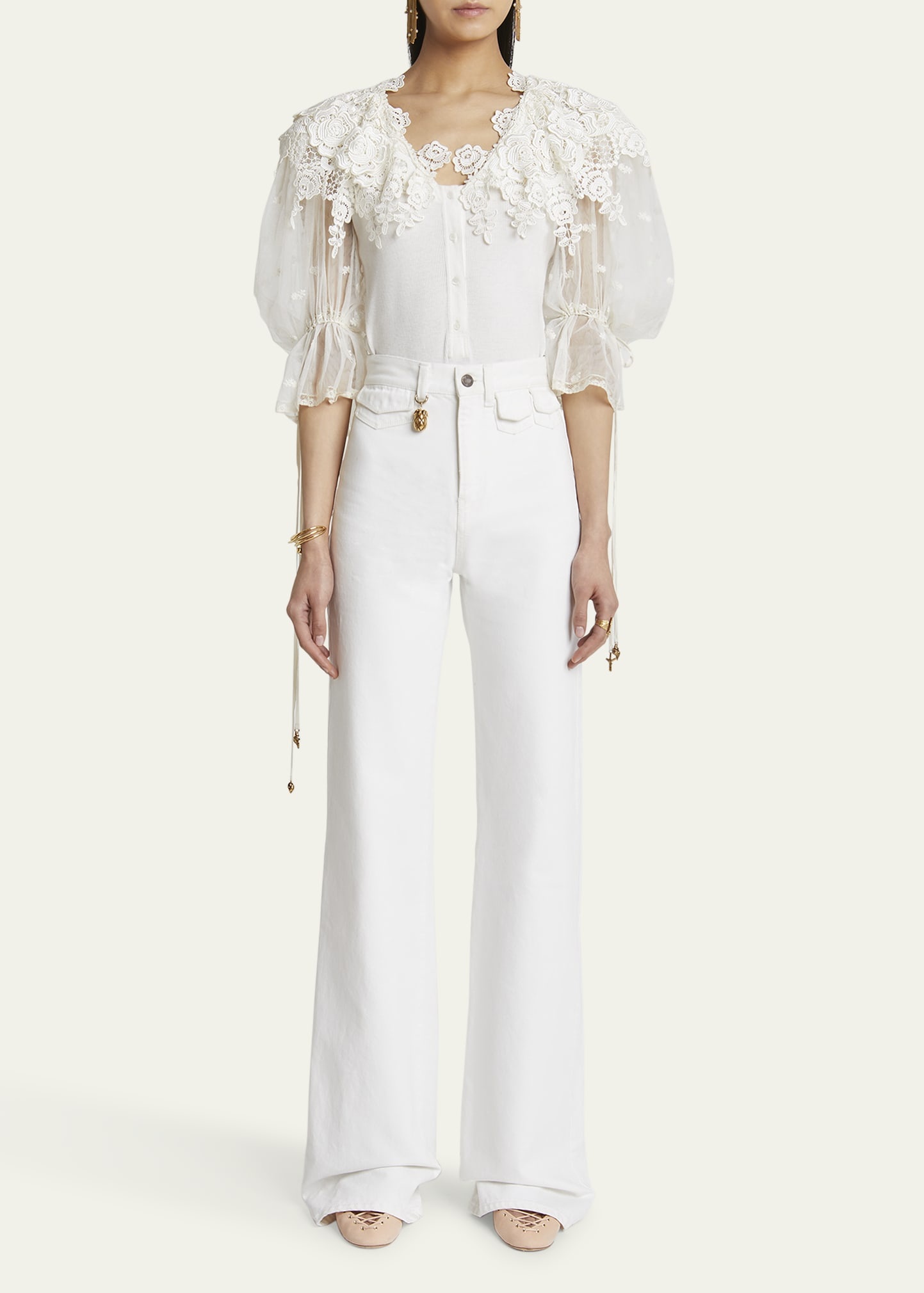 High Rise Flared Jeans, White - 2