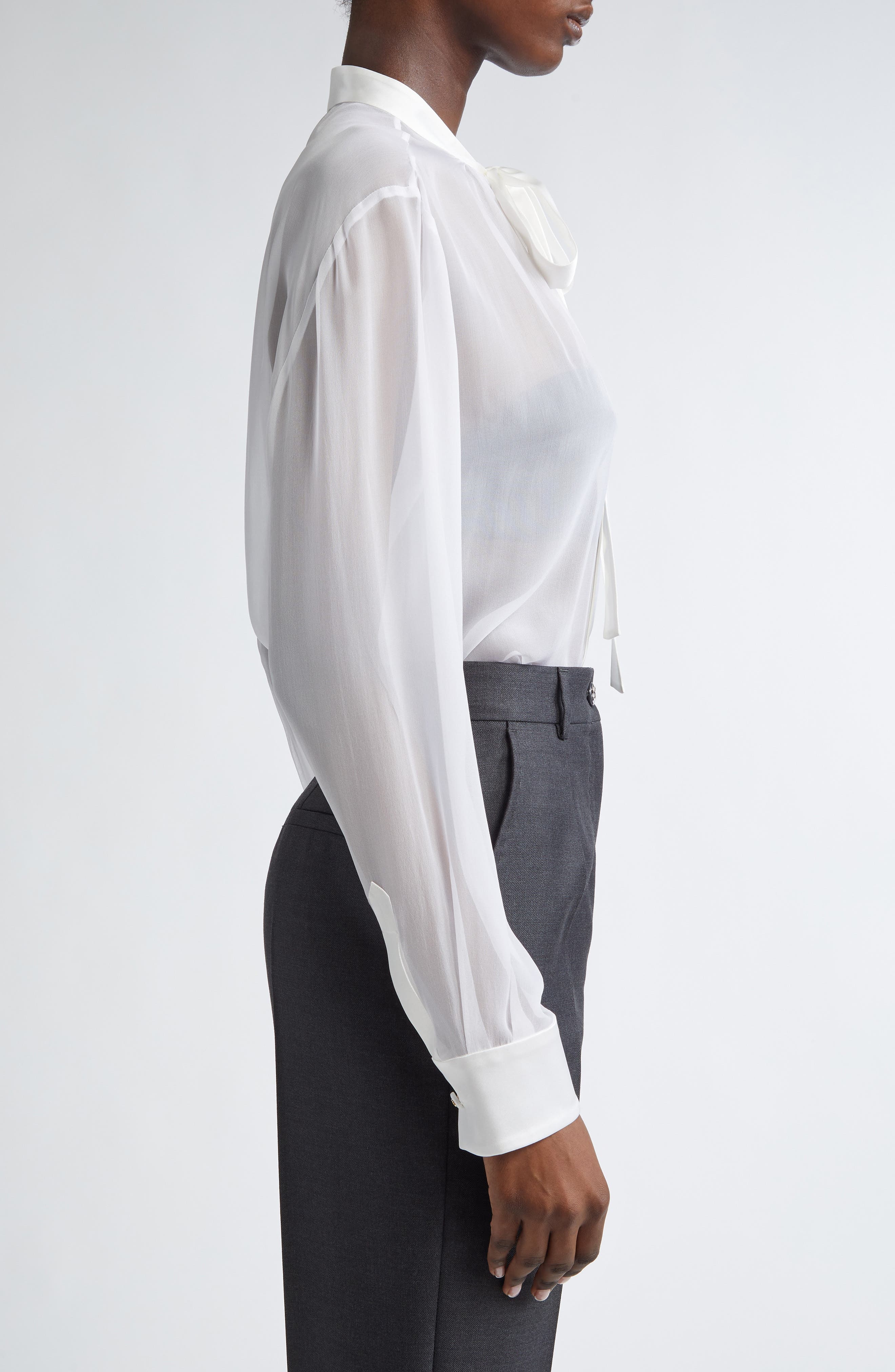 Dolce&Gabbana Sheer Silk Chiffon Tie Neck Shirt in W0800 Bianco Ottico at Nordstrom - 4