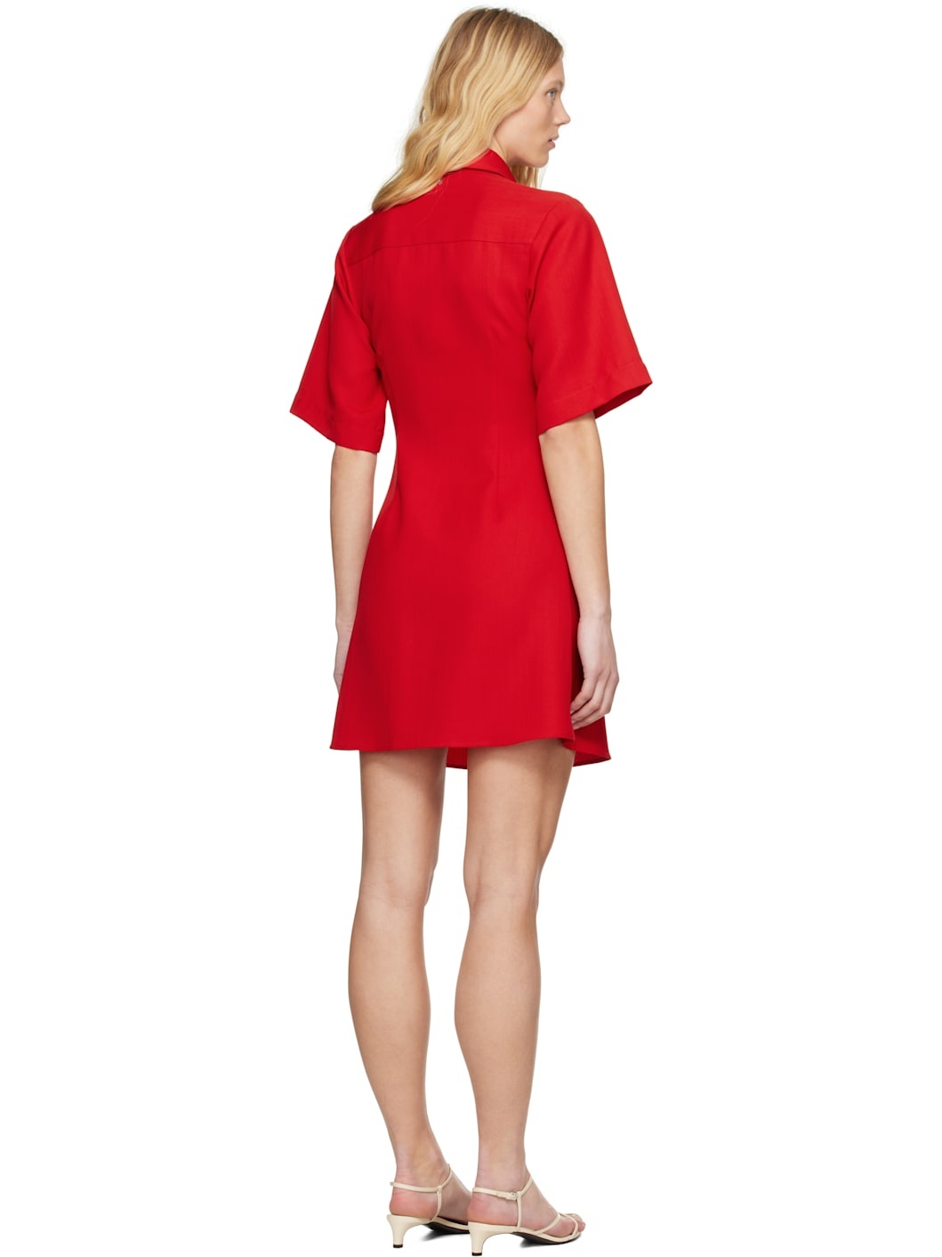 Red Wool Short Sleeve Shirt Minidress - 3