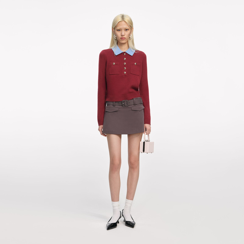 Burgundy Contrast Collar Knit Top - 1