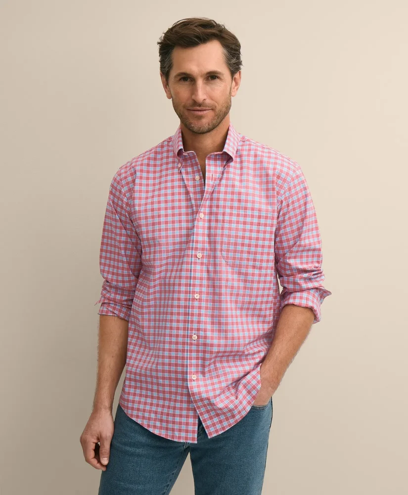Stretch Supima® Cotton Non-Iron Broadcloth Polo Button-Down Collar, Check Sport Shirt - 1