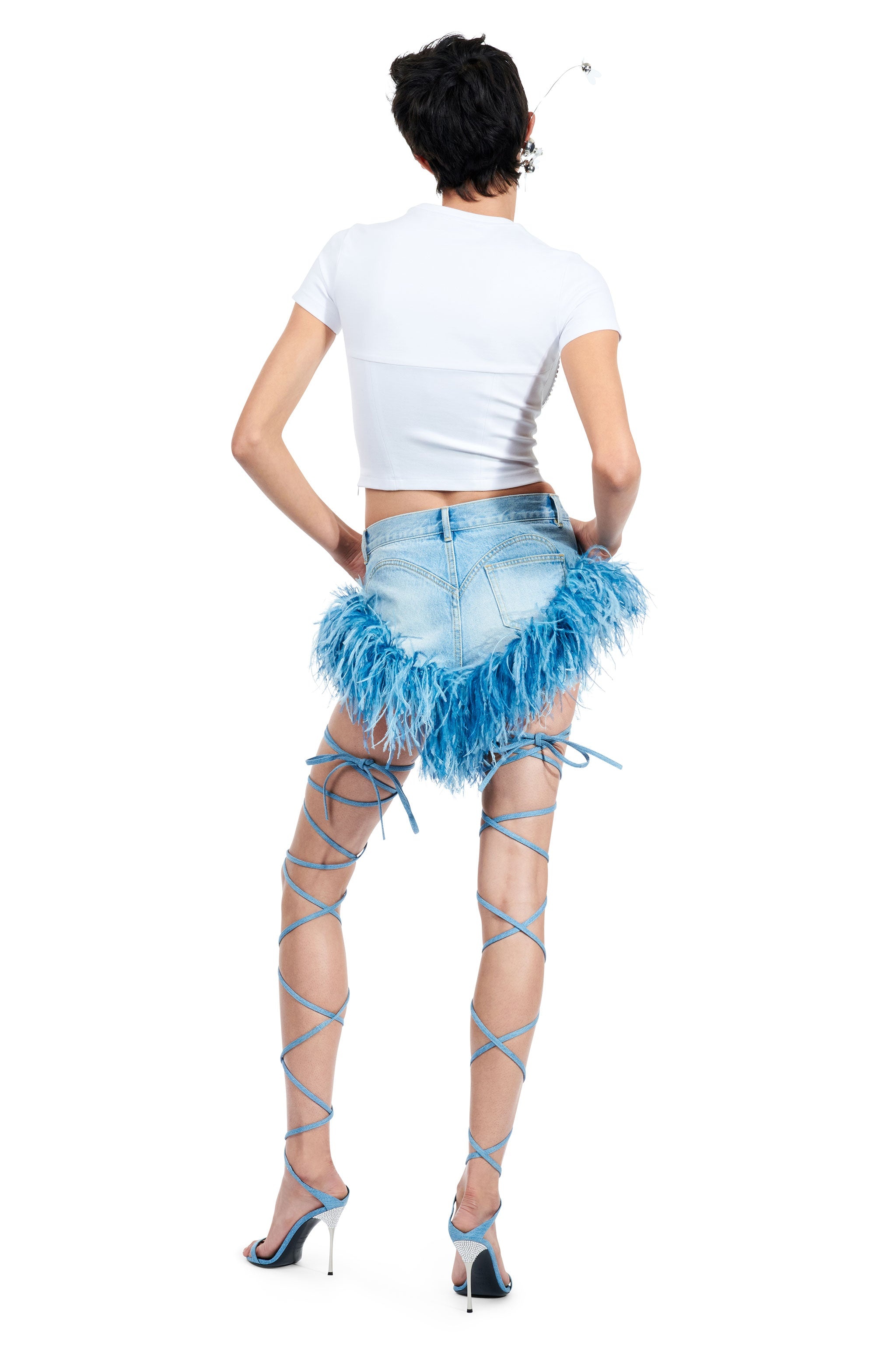 FRAYED DENIM FEATHER TRIM HOT SHORT - 5