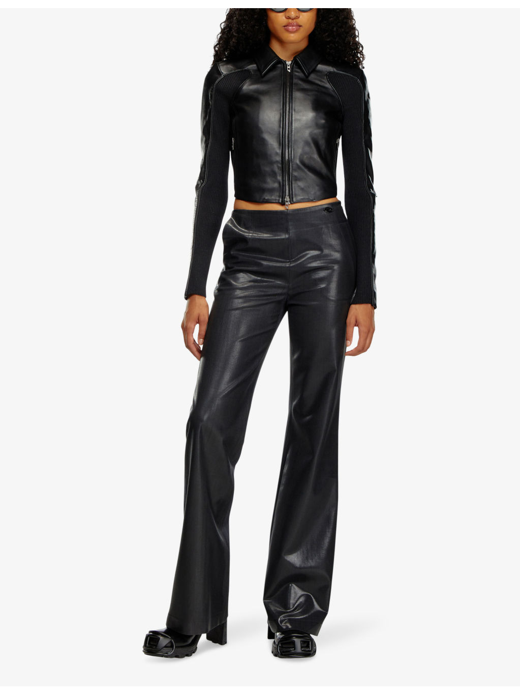 L-Totem-P1 knit-inserts cropped leather jacket - 2