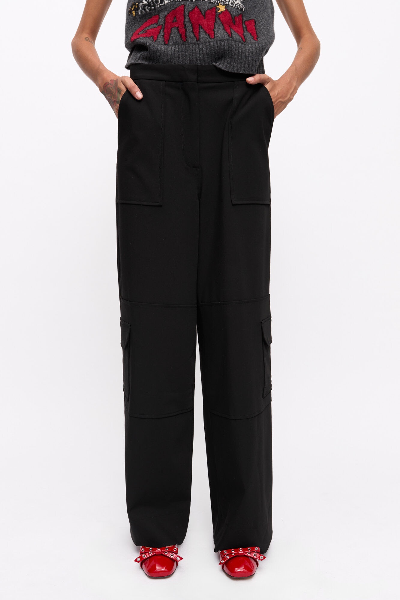 BLACK TWILL SUITING CARGO PANTS - 3