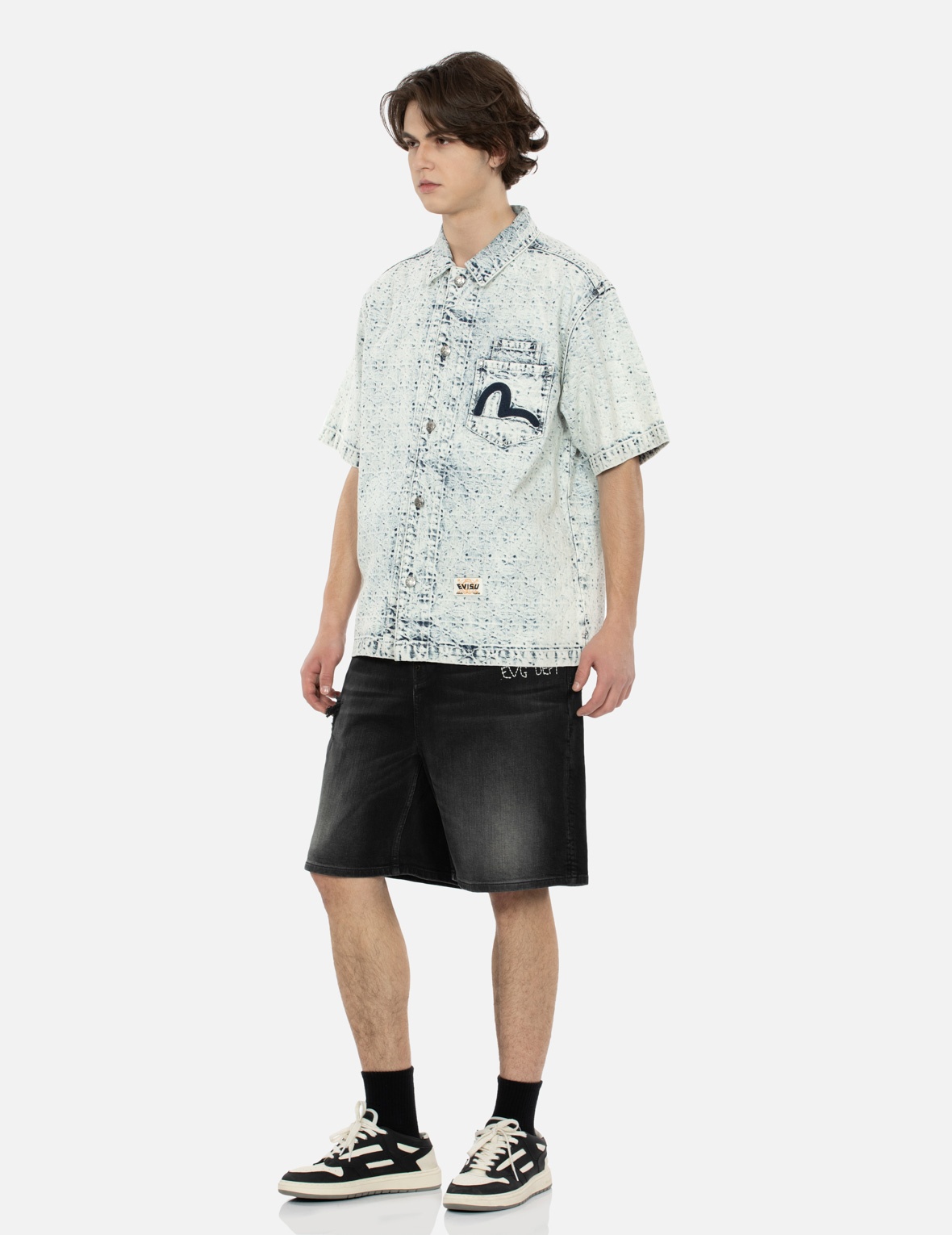 WASHED ALLOVER KAMON JACQUARD AND SEAGULL EMBROIDERY BOXY DENIM SHIRT - 3