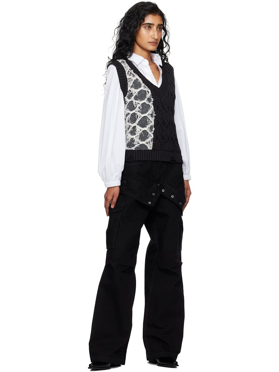 Black & Gray Boucle Cable Patchwork Knit Vest - 4