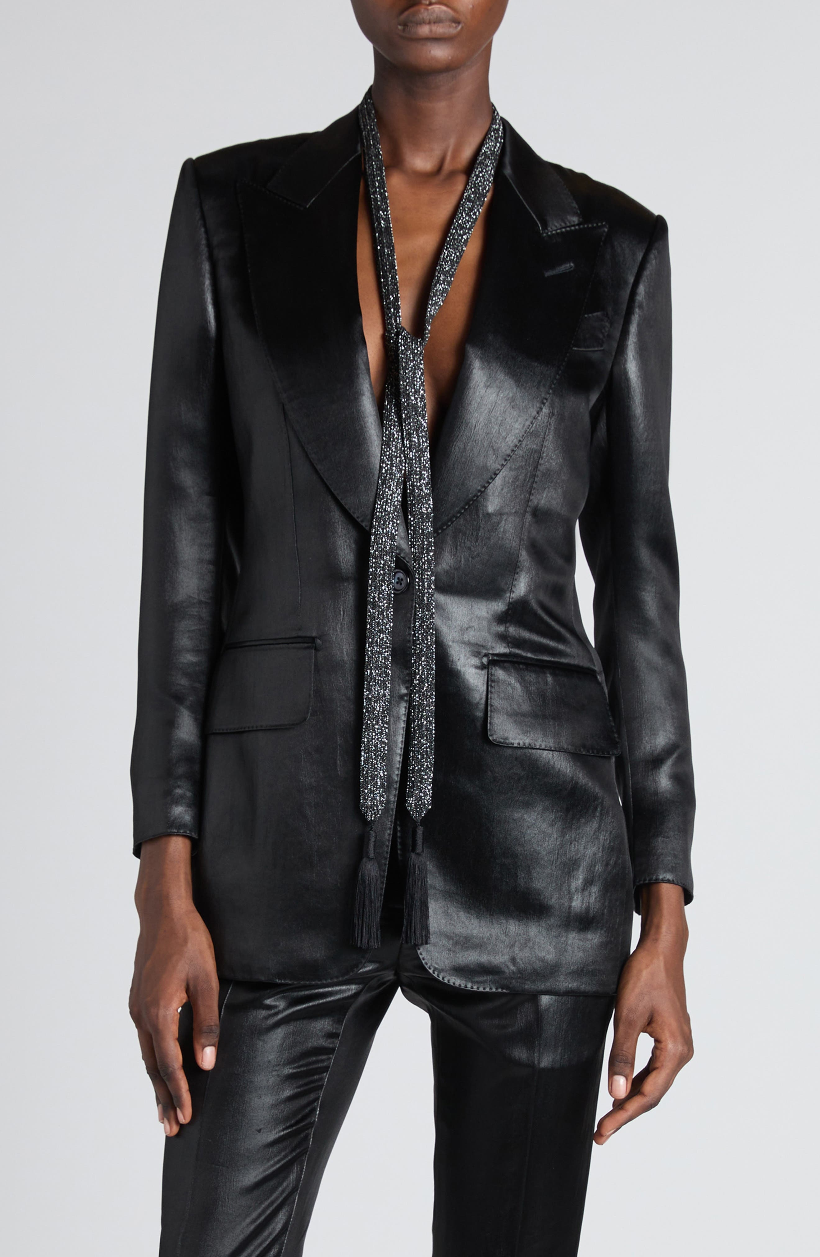 TOM FORD Bianca Single Breasted Liquid Satin Blazer in Black at Nordstrom - 1