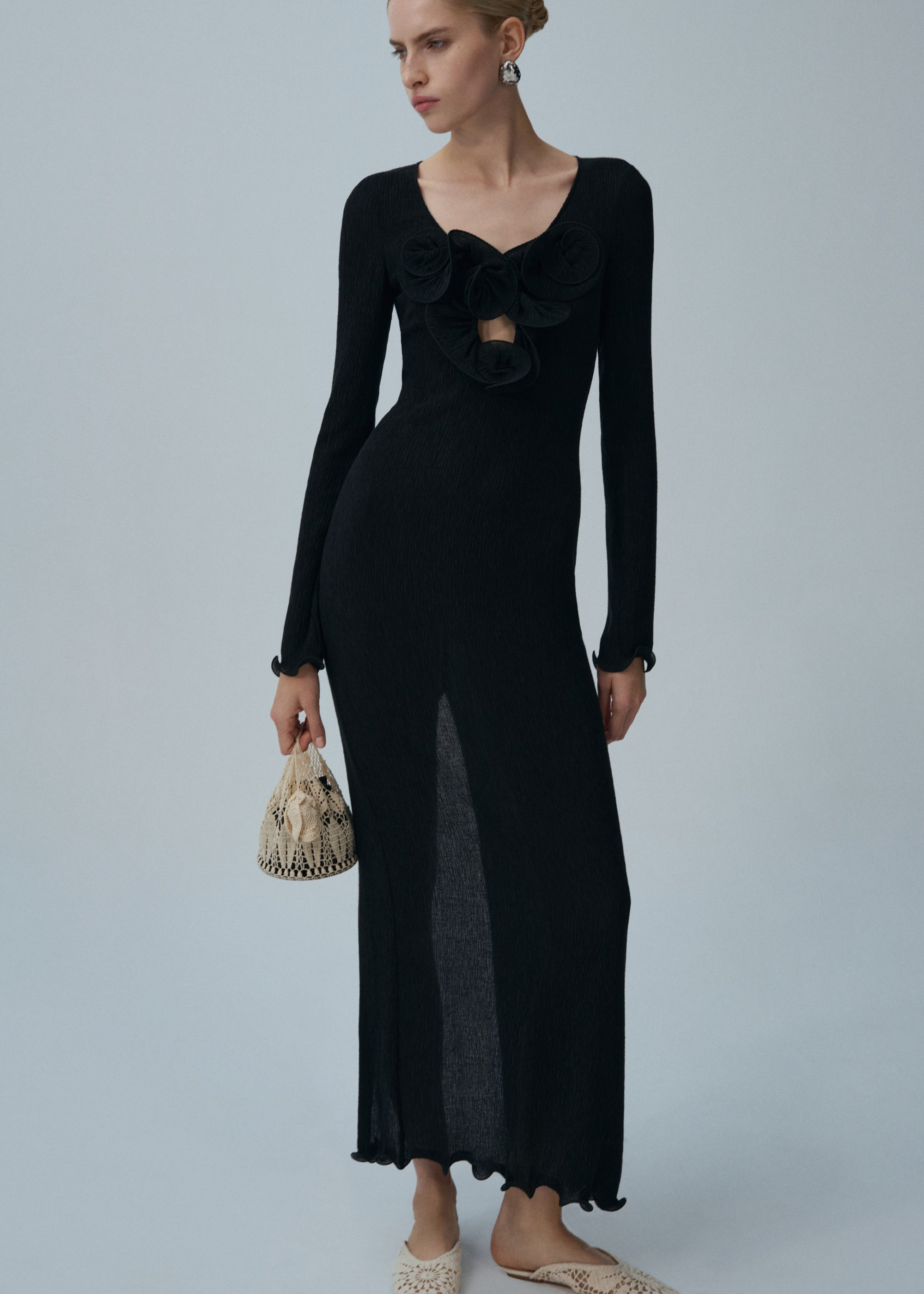 Long sleeve crepe beach maxi dress in black - 3