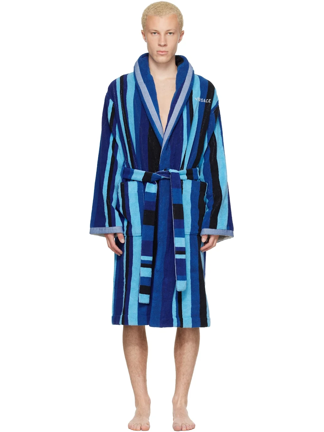 Blue Striped Cotton-Terry Jacquard Bathrobe - 1