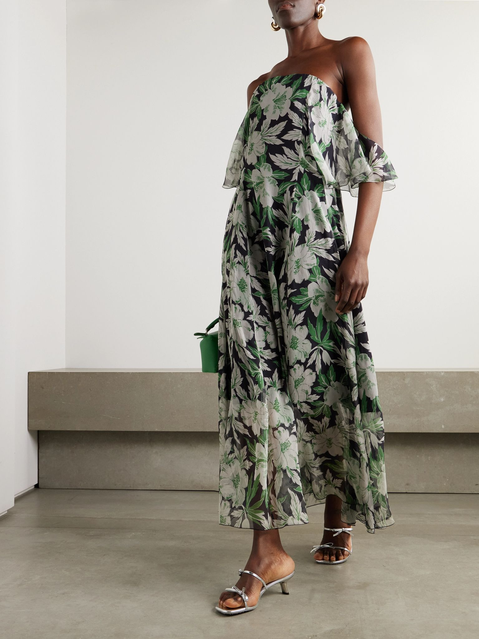 Off-the-shoulder floral-print silk-crepon midi dress Green - 2