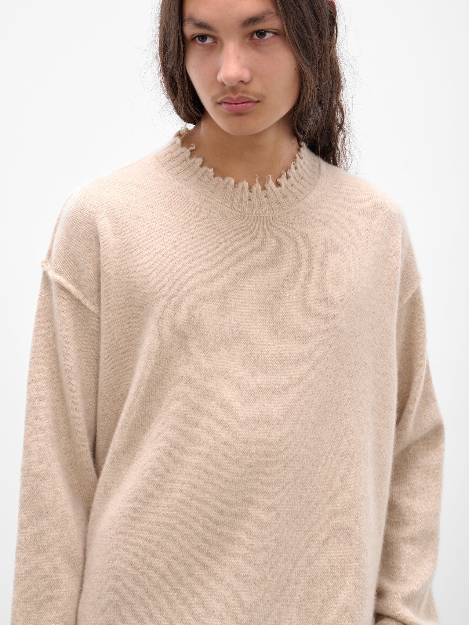 Beige Cashmere Distressed Crewneck Sweater - 4