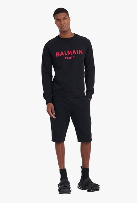 Black cotton sweatshirt with flocked fuchsia Balmain logo - 2